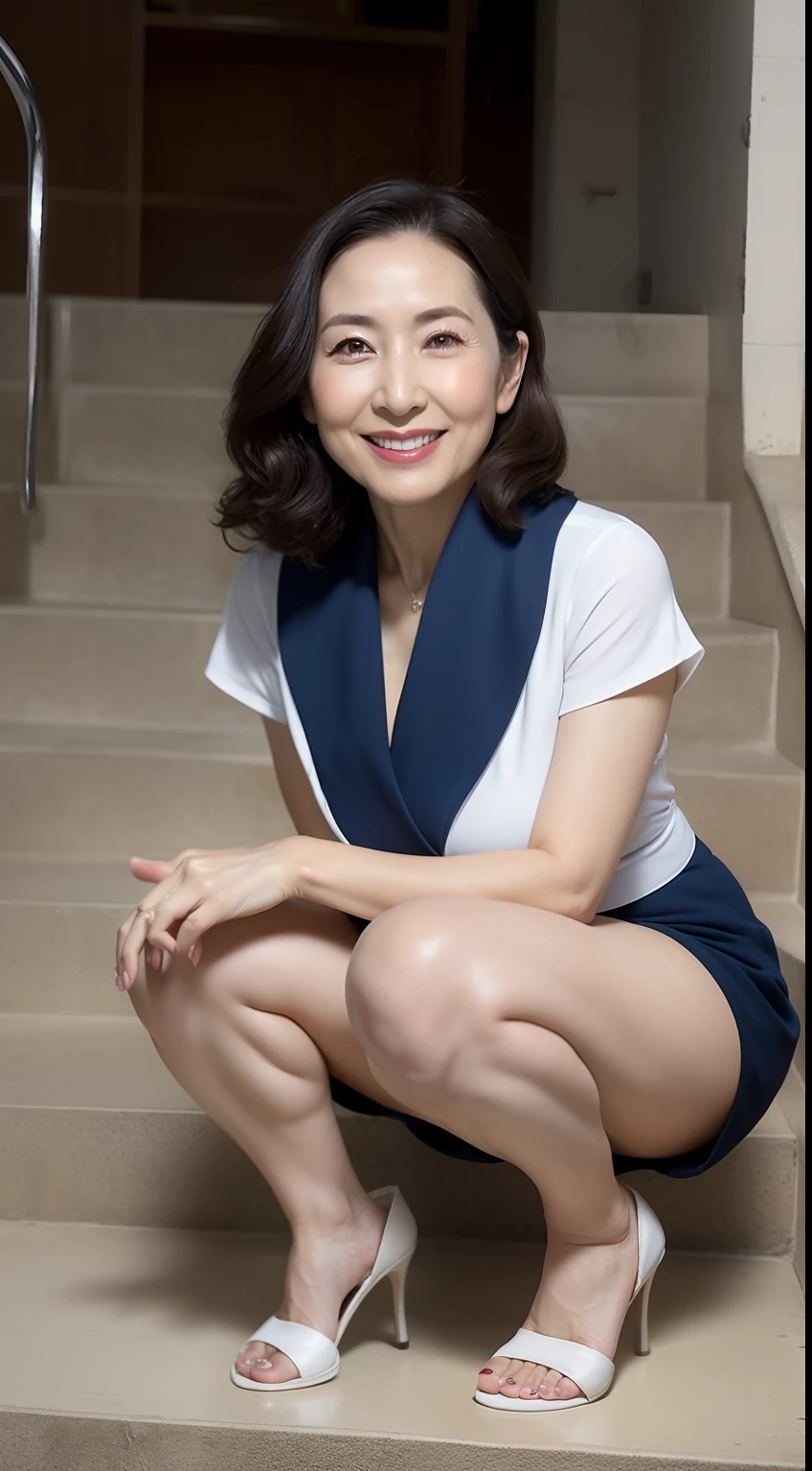 80 years old,lipsticks,There are a lot of wrinkles on the face,Squat on the stairs,plumw,Large breasts,tight-fitting,cleanness,exposing your navel,showing waist,Large breasts,big cuvy hips,Blue and white sailor suit,skin-tight short-pants,Thighs white,Good skin radiance,tight-fitting,All exposed to the navel,Female,big pelvis,Full body photo,Black heels,Long legs with white skin,Shiny,mature pretty woman,cleanness,无袖,Do not show your breasts, Be conservative in the picture,Smile,Daylight,Looks like 1.8 meters tall,Large breasts,big cuvy hips,Thin waist,Many wrinkles, Long legs,skin hyper-detail,Clear pores,in a panoramic view,Cocked buttocks,Mature at 90 years old,A noble and elegant Japanese woman, Perfect face, Fantastic look, (Detailed facial features), Clean and nice face,Photorealistic, Sharp focus, Wavy hair, Wrinkles at the corners of the eyes,