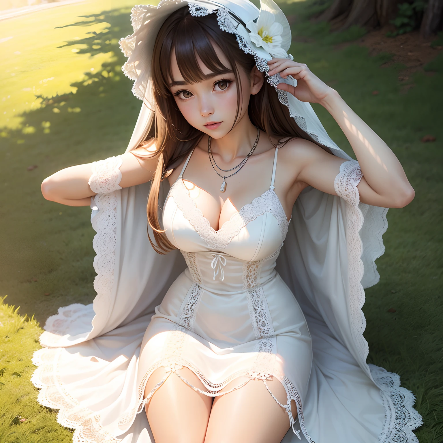 High detail CG，rich details​，Under the sun，Dress normally，White lace dress，The outside is covered with a white coat，Successful girls，Wear an exaggerated necklace，Brown hair long，Sit on grass，Stretching，The sun shines on the body and glows white，The art of clocking in