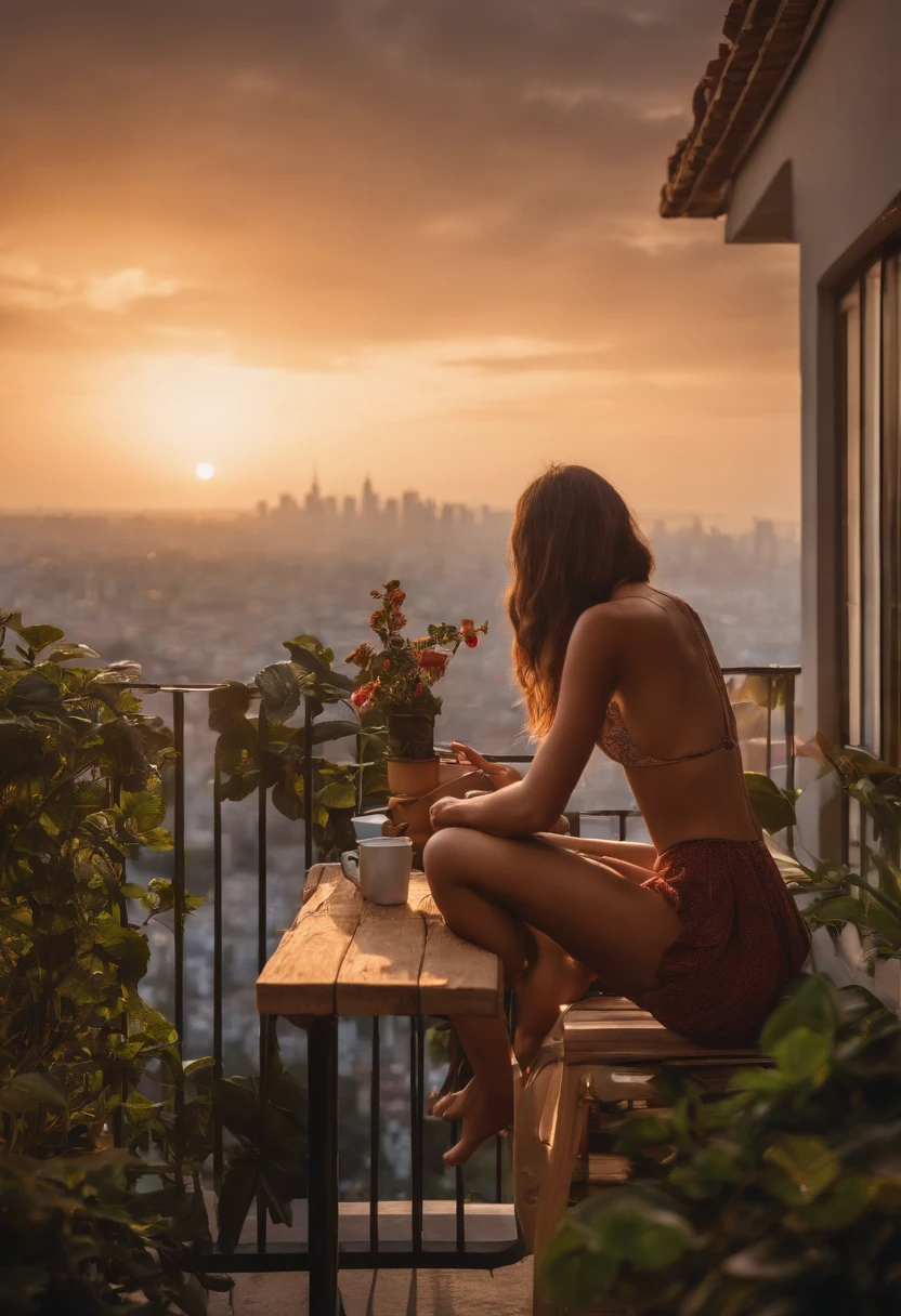 Uma varanda com plantas, Overlooking the metropolis from above, vibe calmo, A little dark in the sky A shirtless skinny brunette young woman swinging on the velular, With coffee on the table, With a dog sitting on the ground enjoying the view,