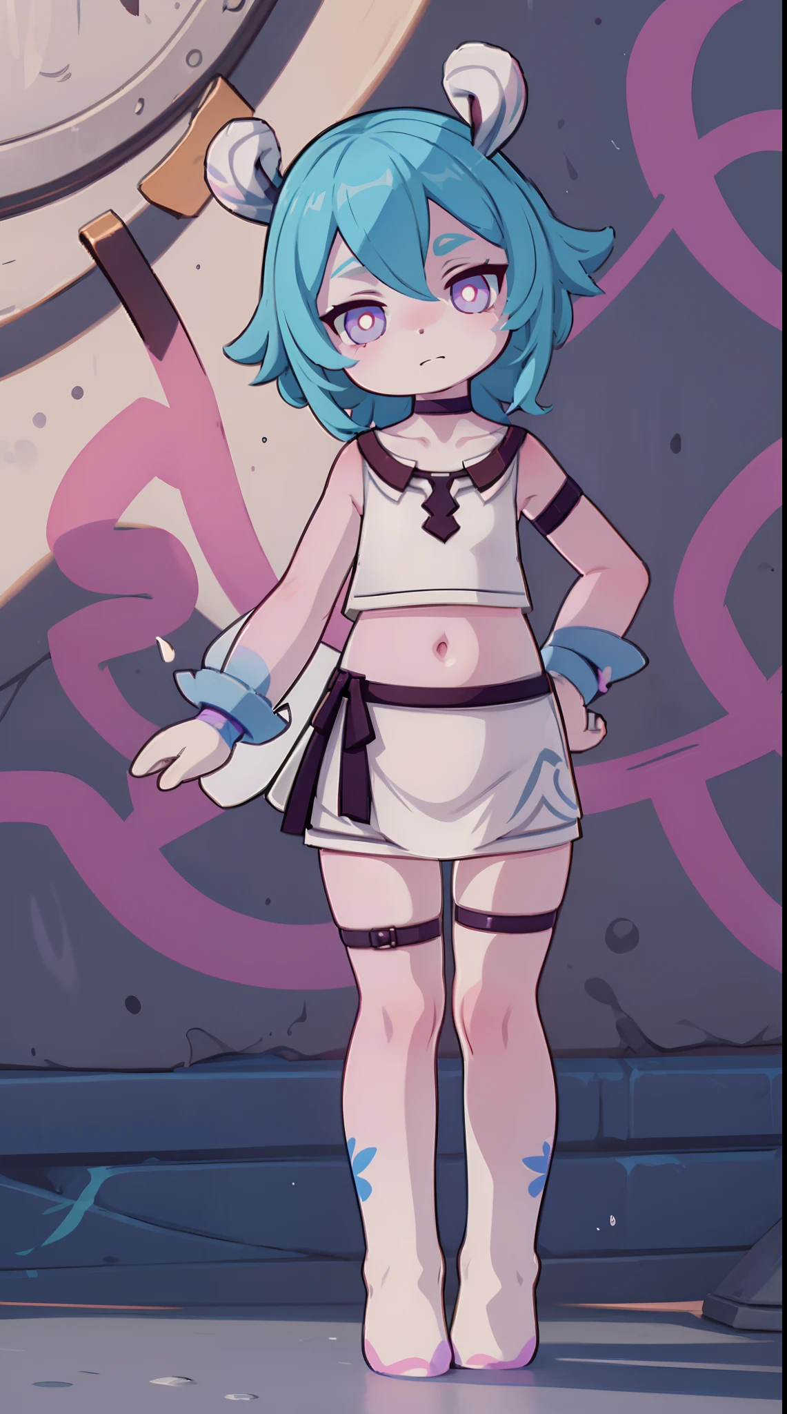 Melousine | genshin impact, master-piece, bestquality, 1girls,25 years old, proportional body, elongated legs, proportional., Wedding Dresses, White Wedding Dress, wedding, mediuml breasts, ,bara, crop top, choker, (Graffiti:1.5), Splash with purple lightning pattern., arm behind back, against wall, View viewers from the front., Thigh strap, Head tilt, bored, 10, 10, HD, slight smile,