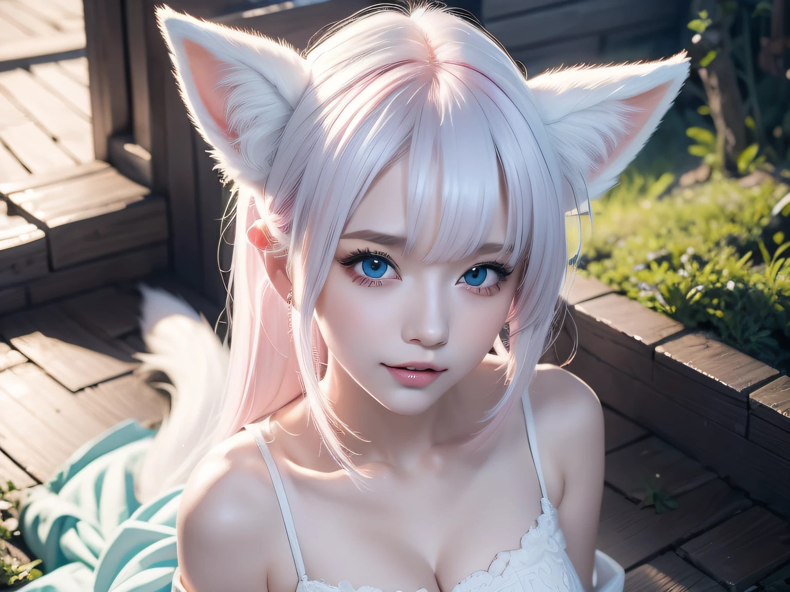 (Naked:1.5), Two Miss Fox Demons，Fox Devil Fox Years White Hair Girl，Sexy and feminine，Fluffy fox ears，fox tails，No ears，reddish tones，The beauty of fox ears alone，Cover chest，Clan Girl，Fox's eye，Enchanted，Charming，16 K， best qualtiy， tmasterpiece，  Raised sexy， Highly detailed face and eyes， professional make up， ，， glow blue eyes，Pink-haired girl with fox ears、Camera angle from above、Looking here、