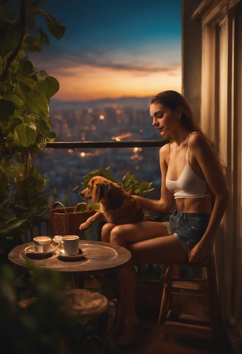 Balcony with plants, View of the metropolis from above, peaceful atmosphere, A little dark in the sky Young skinny brunette shirtless woman swinging on velular, With coffee on the table, Dog sitting on the ground and enjoying the view, photo realism,