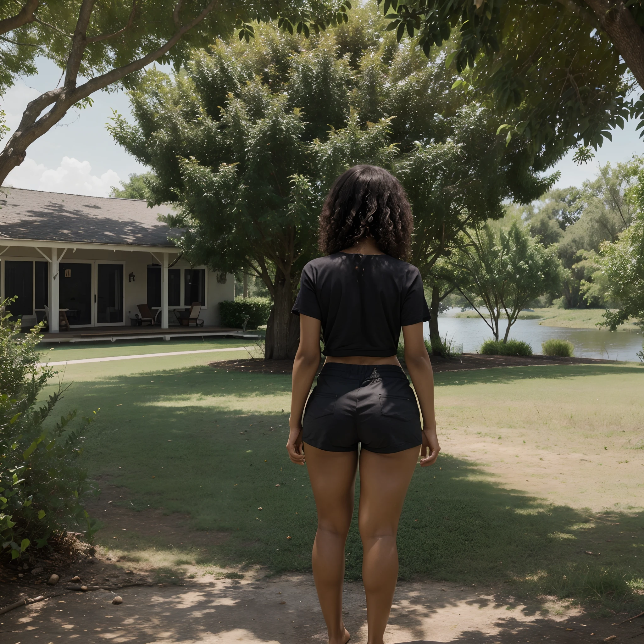 a black woman, 4b curly hair, short black shorts, short and tight black shirt, barefoot, looking at a lake with trees and bushes around, big ass, back view, full body