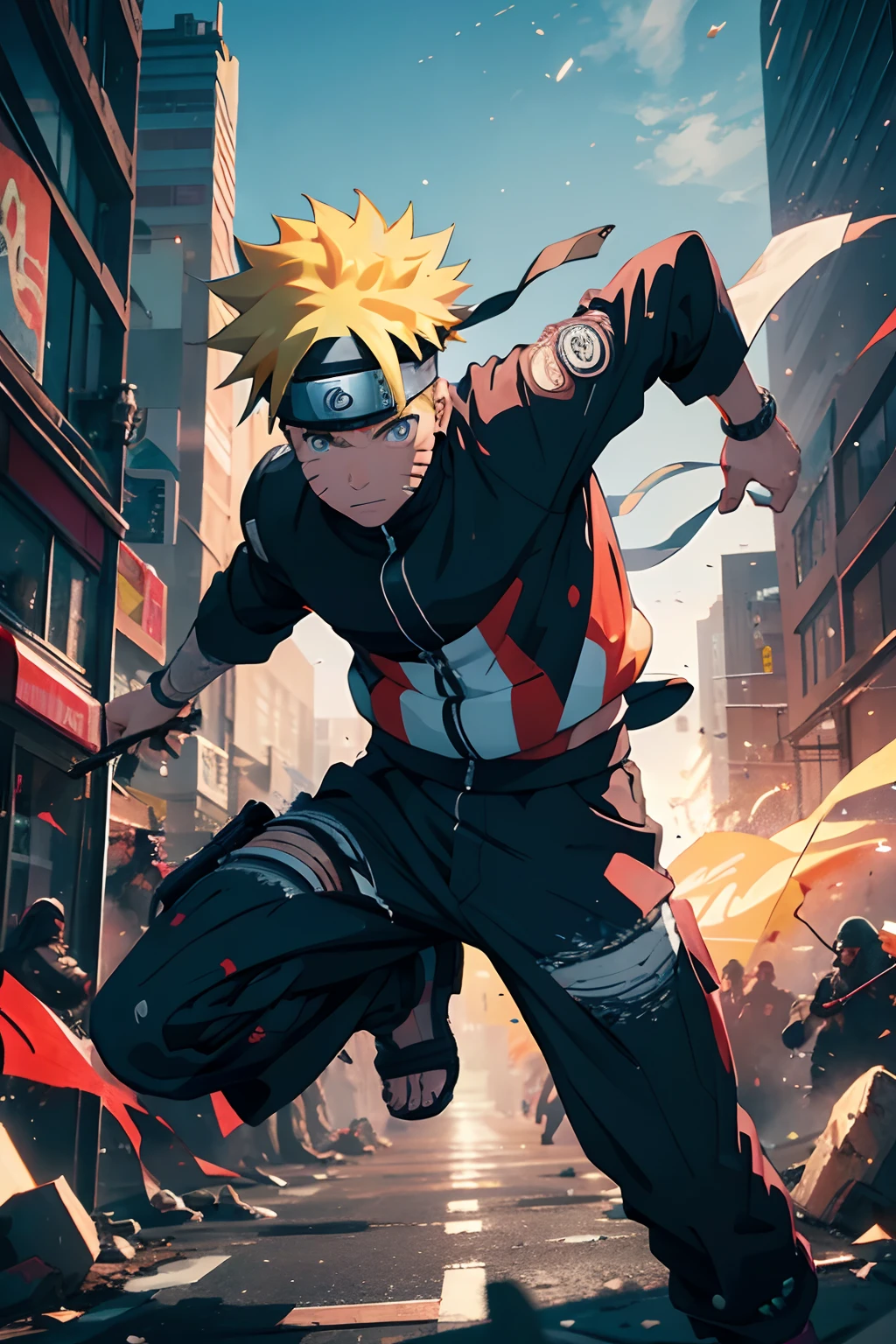 (a)realistic portrait of naruto,swirling bright colors,ultra-detailed eyes and face,wind-blown hair,expressive face,heroic figure,modern urban backdrop,wearing contemporary street style clothes,jumping in mid-air,shadows and highlights to enhance depth and volume of the character,high contrast lighting,neon lights in the background,graffiti art-inspired textures,action-packed energy,impeccably detailed tattoos,photorealistic rendering of facial features,crisp and vibrant colors,best quality,4k,urban ninja,hokage in the city