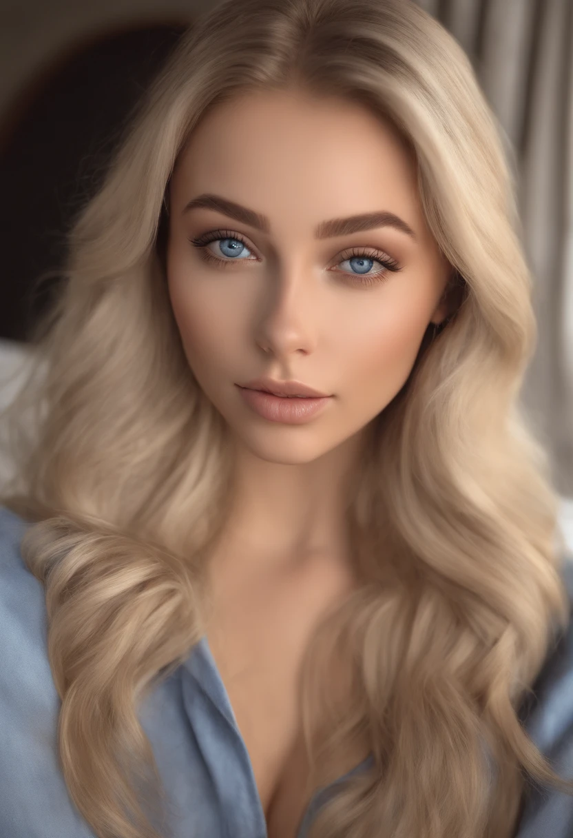 arafed woman fully , sexy girl with blue eyes, ultra realistic, meticulously detailed, portrait sophie mudd, blonde hair and large eyes, selfie of a young woman, bedroom eyes, violet myers, without makeup, natural makeup, looking directly at the camera, face with artgram, subtle makeup, stunning full body shot kneeling on bed, in bedroom, medium to large size bust