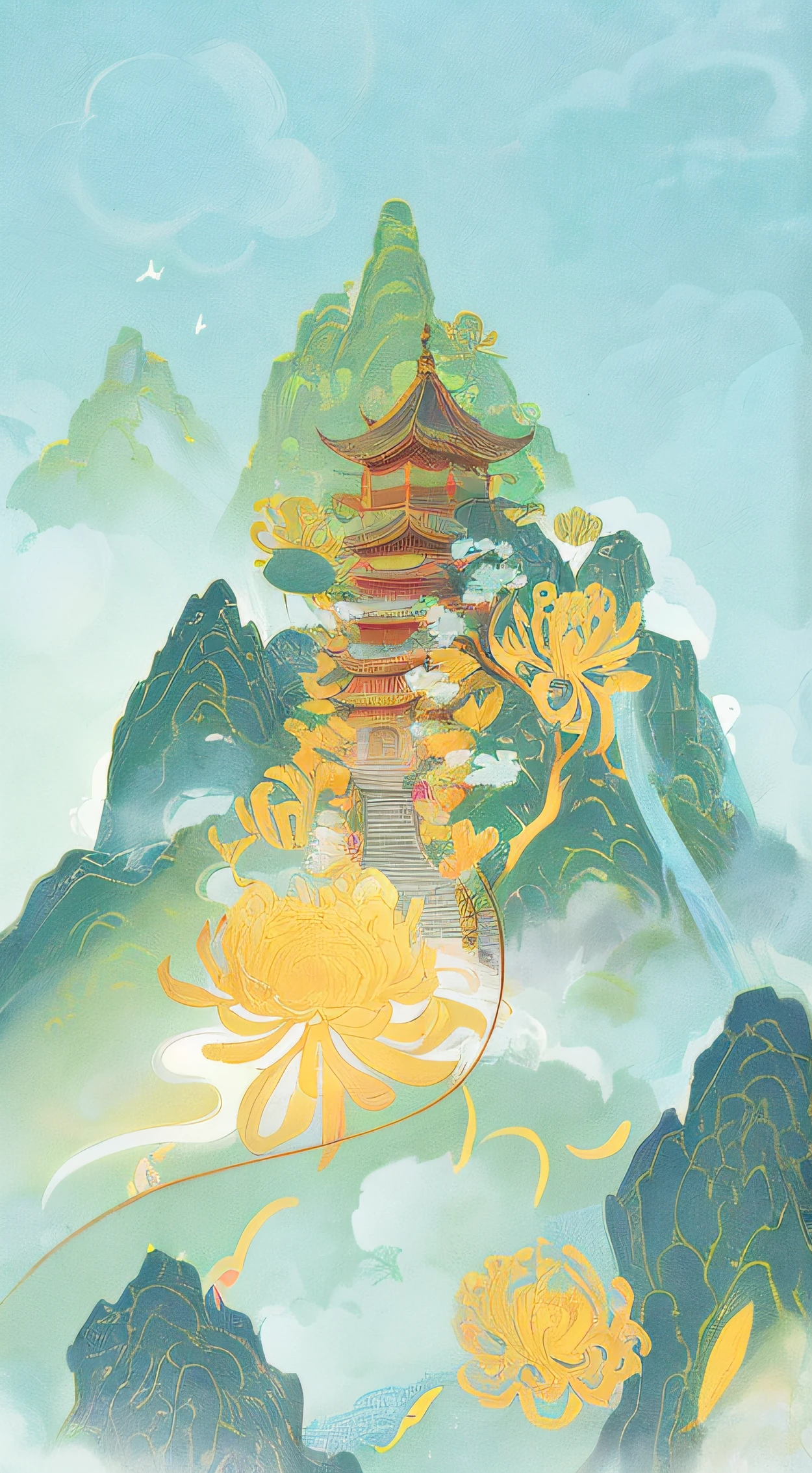 There are near chrysanthemums on the mountain, full-colour illustration, an illustration of inspired by Victo Ngai, jen bartel, A beautiful artwork illustration, Inspired by Yang Buzhi, Chinese fantasy, floating lands in-clouds, digital painting of a pagoda, brittney lee, by Yang J, Official artwork, Chinese style painting, author:Sheng Maoye