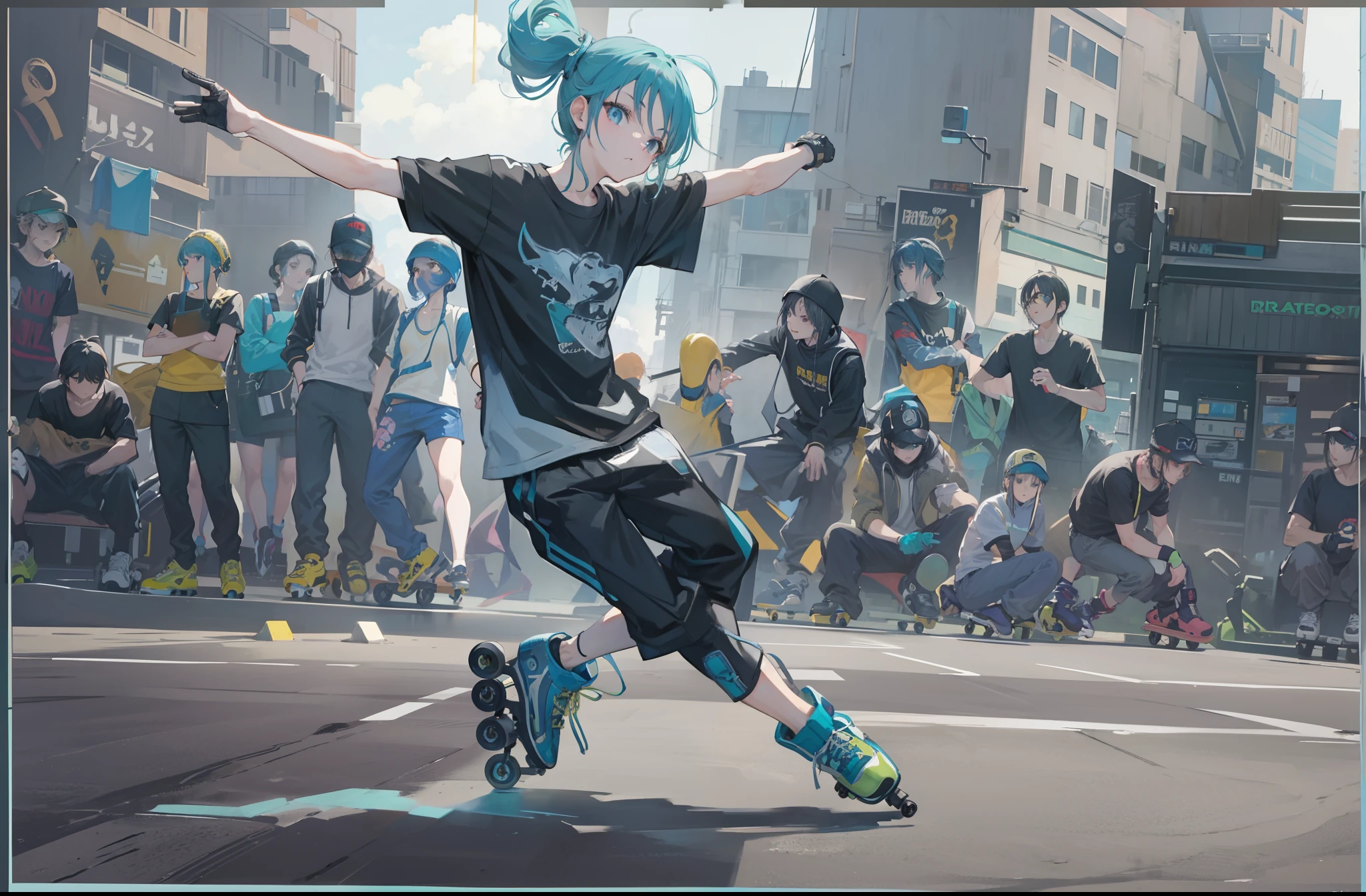 Extreme 4K image quality,(Extremely detailed and immersive masterpiece) - Punk Boy (Flowing hairstyle) Sprint with four-wheel inline skates (Peaceful sidewalks in the post-world: 1.1) and (Edge greening: 0.9).dynamic skating, roller skating, rollerblading, skateboarder style, Skateboarding, riding a skateboard, rollerbladers, skateboards, roller skate, in an action pose, roller skate, rollerskaters, hiroaki tsutsumi style, Stand on a skateboard, dynamic action shot,
