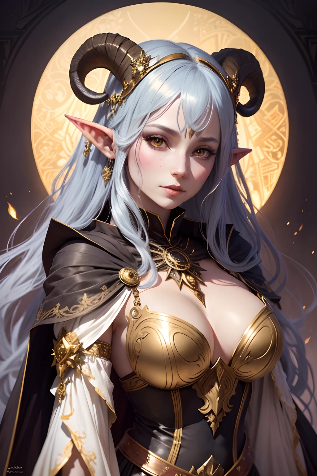 dark fantasy character sketch, an elf witch wears a dress decorated with gold trim, she has ram horns on her head, she has a beautiful face, ethereal light, by Yoshitaka Amano, Maxfield Parrish