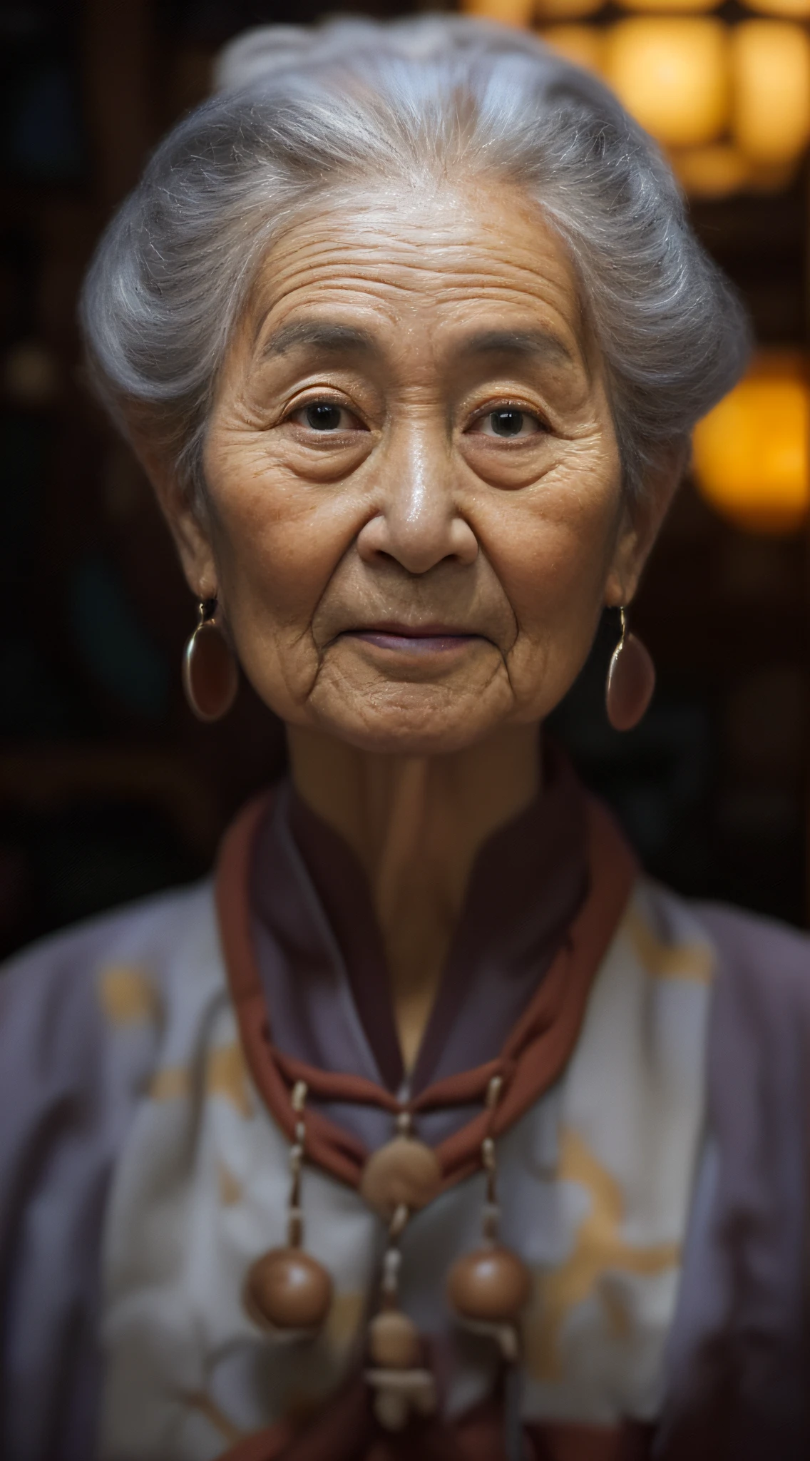 An old grandmother，Wearing a monk's robe，Face to the camera，With a kind face