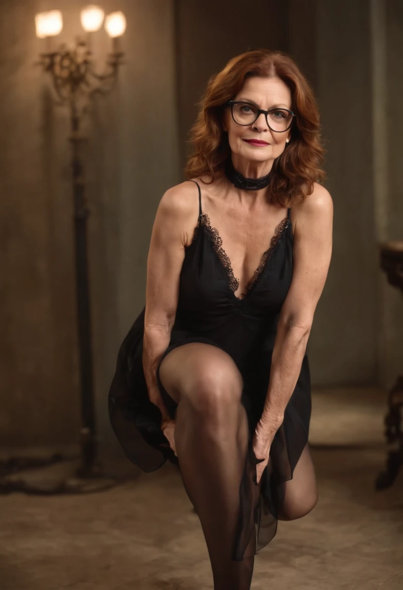 naked mature slim susan sarandon showing full body and long legs and long hair, wearing and stockings and high heels and glasses and choker necklace