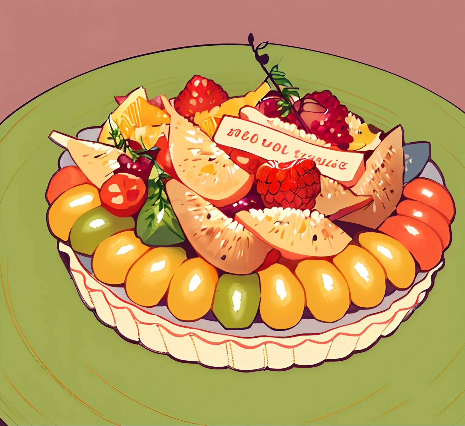 There is a plate of food pictures with knives and forks, vignette illustration, A fruit basket, fruit basket, victorian thanksgiving feast, plates of fruit, drawn on white parchment paper, (a bowl of fruit)!!!!!!!!!, gourmet, Inspired by Valeria Denes, traditional drawing style, Inspired by Clement Selvo, Fruit in the basket