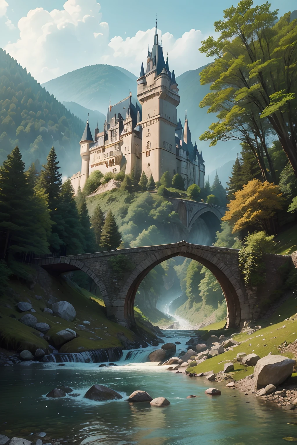 a castle made of stone and wood, in the forest, with tall trees, far from the ground, next to a river, with a bridge, seen from loge