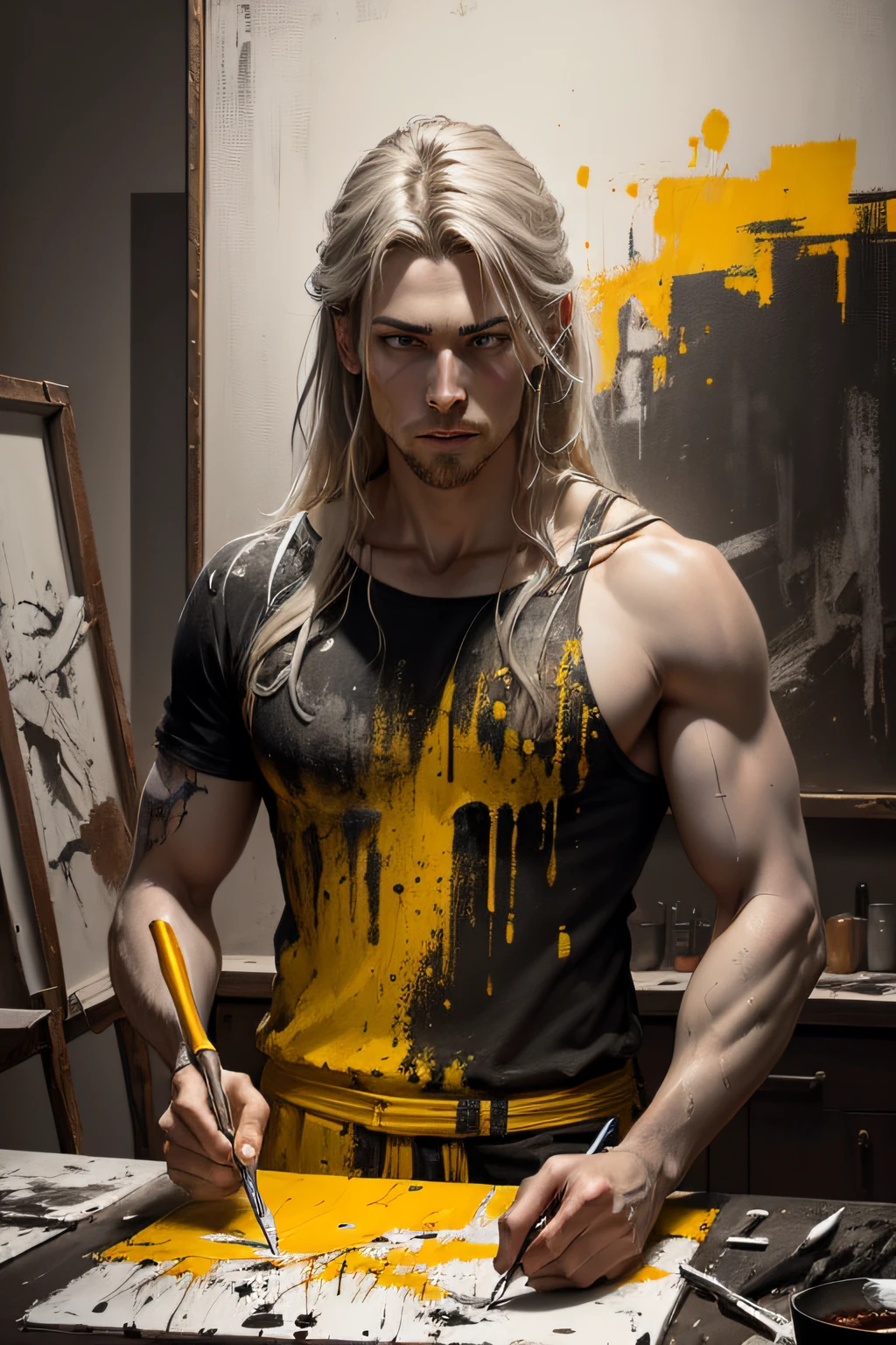 A LENDA DE THOR acrylic painting by Guy Denning, painting with quick strokes and use of spatula, in payne’s grey, raw umber, Naples yellow, cadmium red, cobalt blue, black and white