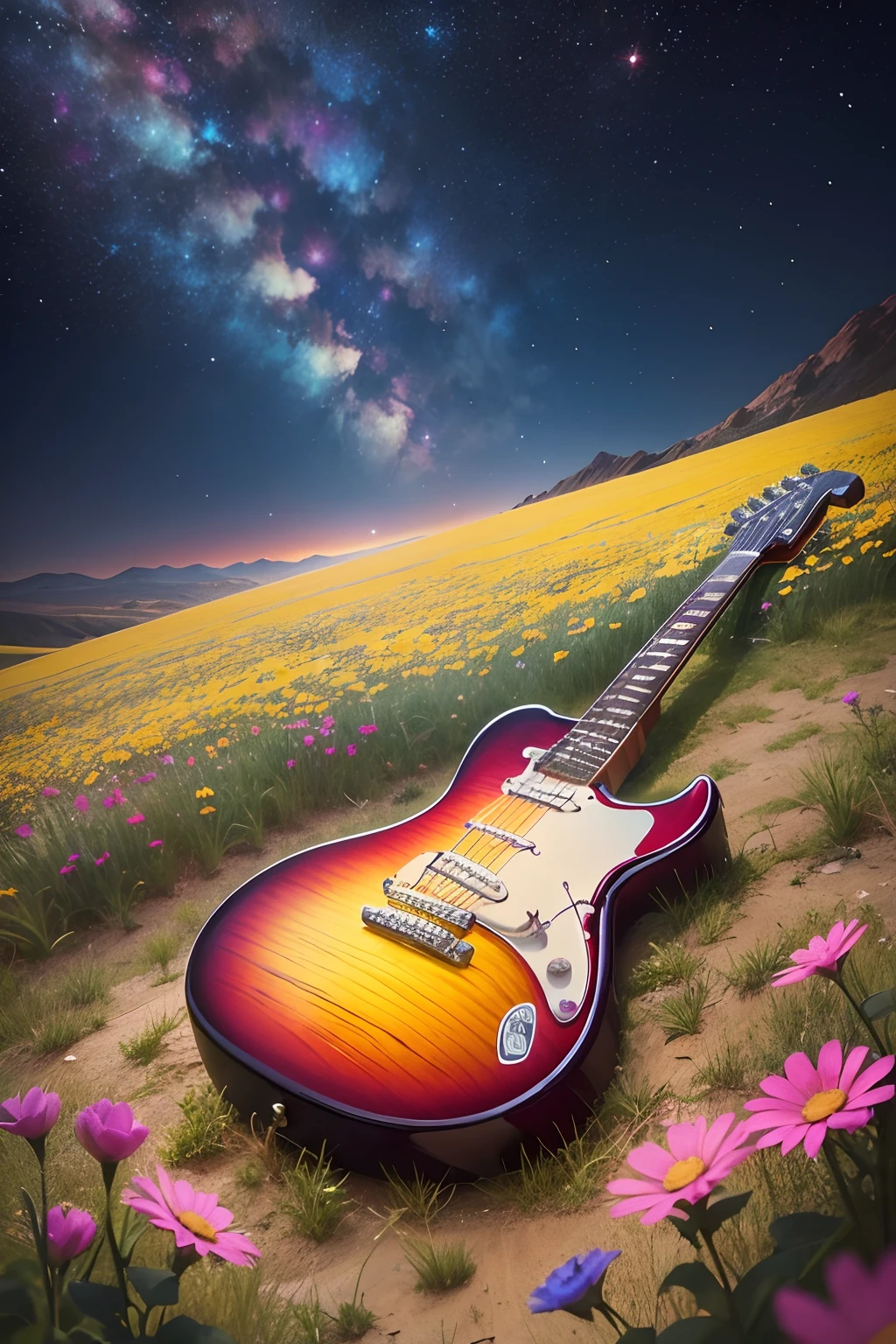 in one photo there is an electric guitar in the middle of a field of colorful flowers above the galactic sky. the red guitar has many sticker