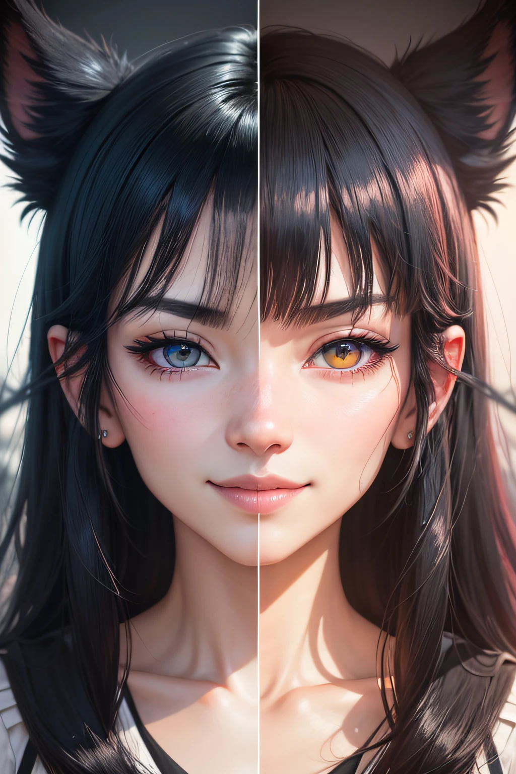 black hair, wince, longeyelashes, light smile, ear blush, Surrealism, drop shadow, anaglyph, stereogram, tachi-e, pov, atmospheric perspective, 8k, super detail, ccurate, best quality