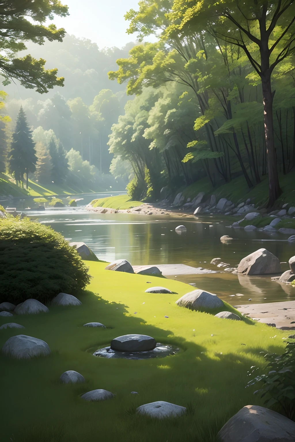a lawn next to a forest, with a river next to it, a single large stone in the middle, with birds flying, seen from afar