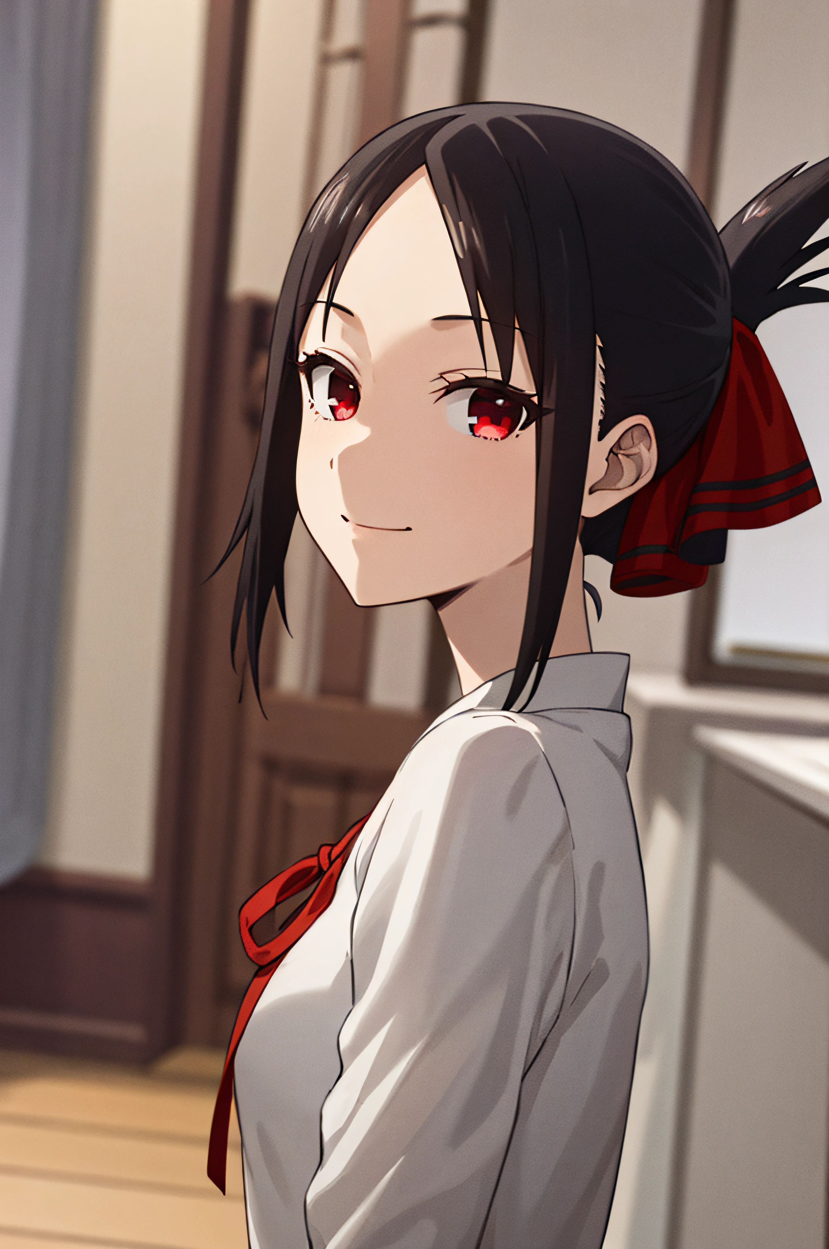 best quality, (masterpiece:1.2), detailed, shinomiya kaguya, 1girl, solo, closed mouth, light smile, black hair, red eyes, short hair, folded ponytail, hair ribbon, elegant clothes, red ribbon, standing, looking at the viewer, medium breasts, ((upper body))