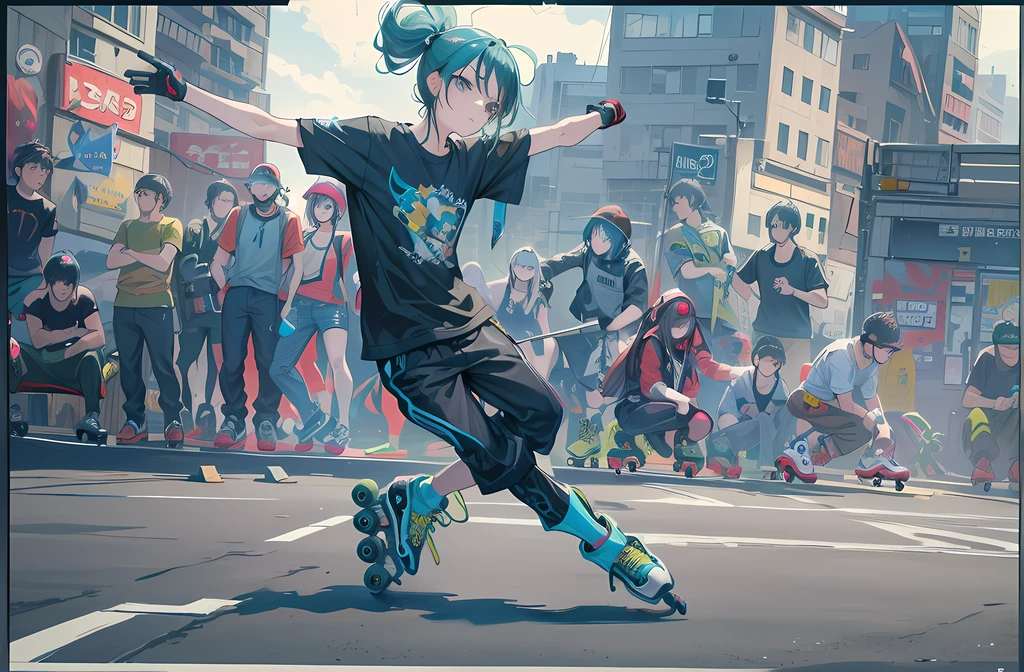 Extreme 4K image quality,(Extremely detailed and immersive masterpiece) - Punk Boy (Flowing hairstyle) Sprint with four-wheel inline skates (Peaceful sidewalks in the post-world: 1.1) and (Edge greening: 0.9).dynamic skating, roller skating, rollerblading, skateboarder style, Skateboarding, riding a skateboard, rollerbladers, skateboards, roller skate, in an action pose, roller skate, rollerskaters, hiroaki tsutsumi style, Stand on a skateboard, dynamic action shot,