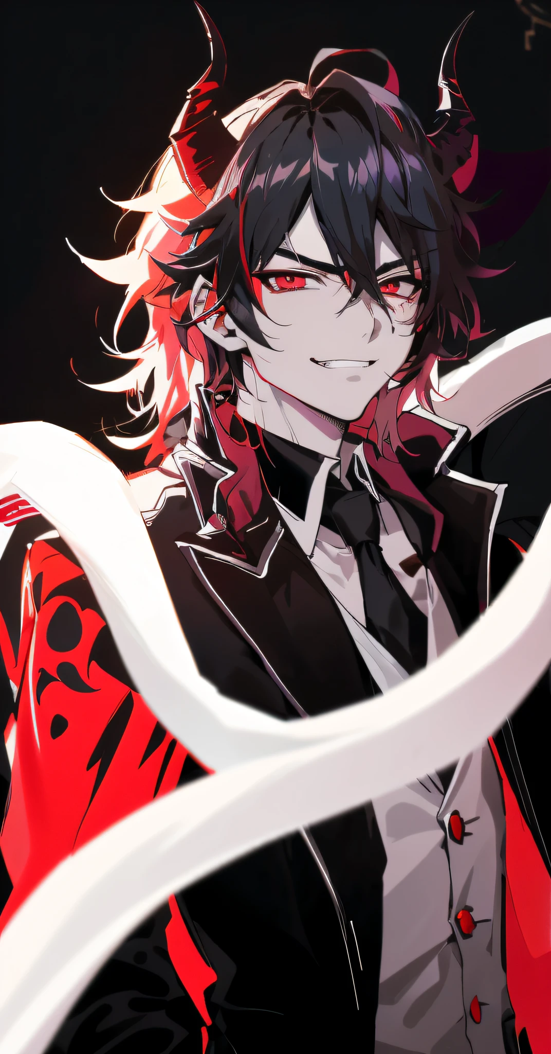 Anime characters with horns and red jacket and black tie, handsome japanese demon boy, inspirado em Okumura Masanobu, handsome guy in demon killer art, Key anime art, zerochan art, portrait gapmoe yandere grimdark, [[[[grinning evily]]]], attractive matoi ryuko, ryuko matoi