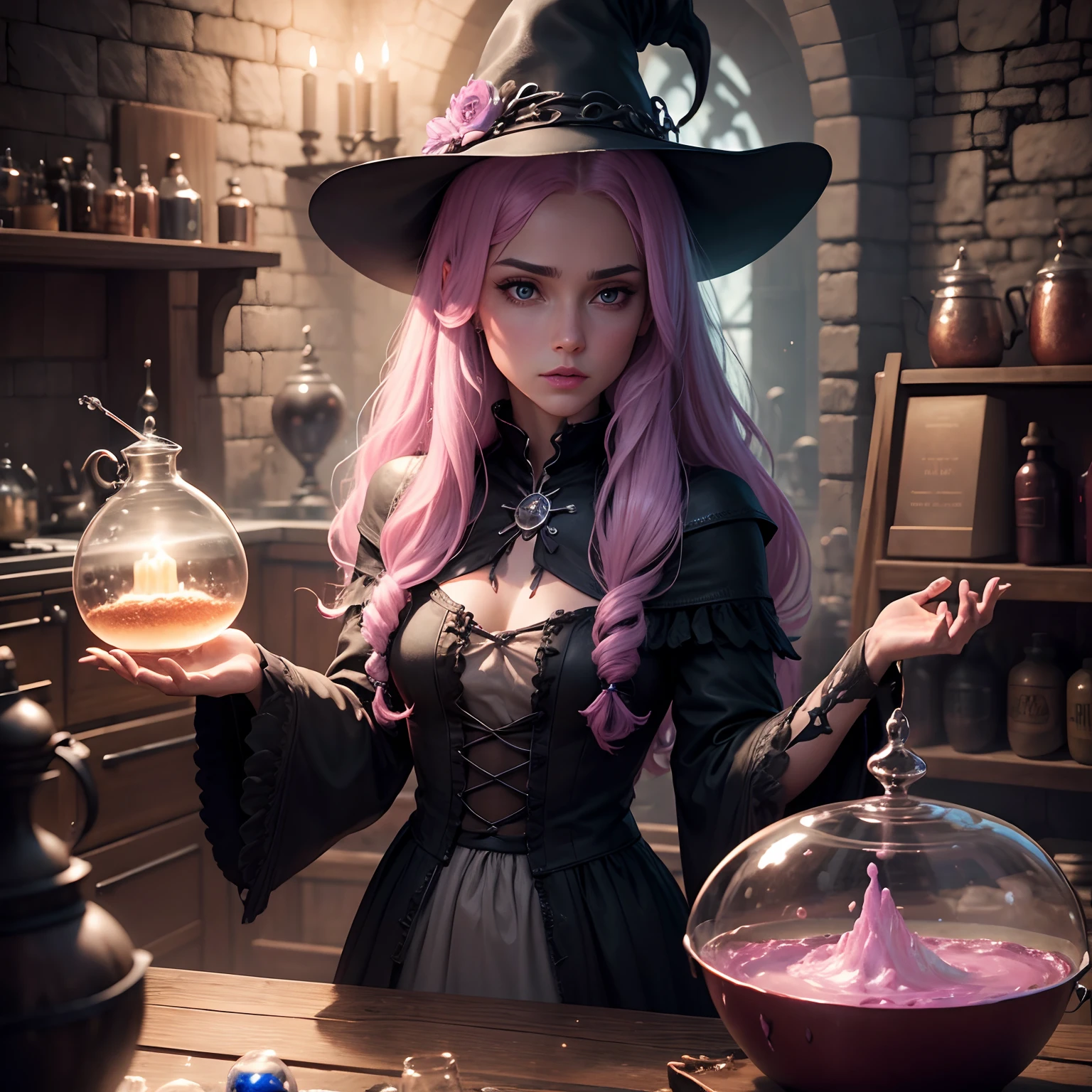 (Bruxa realista) Standing inside a fantasy alchemist laboratory, arte conceitual de alto estilo, Bubbling Potions ::4, Magic ingredients, spellbooks, CAULDRON, Silverware and precious stones on the floor, cabelos estilo slime preto, olhos grandes castanhos rosto realista e com maquiagem roxa, Pink Realistic Lips, Delicate Hands 16K UHD.