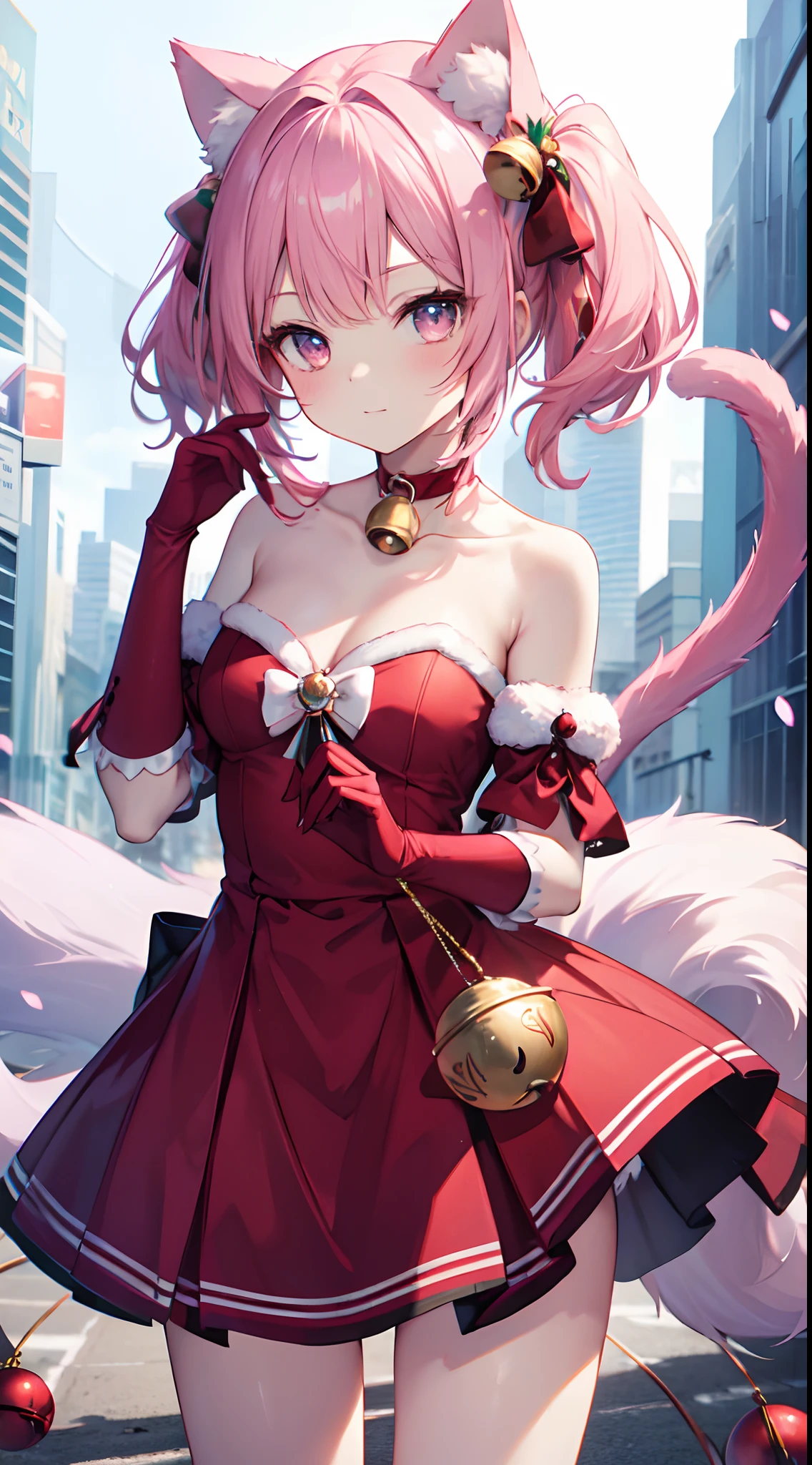 masterpiece, best quality, highres, mi1, tail ornament, tail bow, gloves, cat tail, jingle bell, red gloves, tail bell, choker, detached sleeves, magical girl, pink dress, strapless, cowboy shot, outdoors, standing