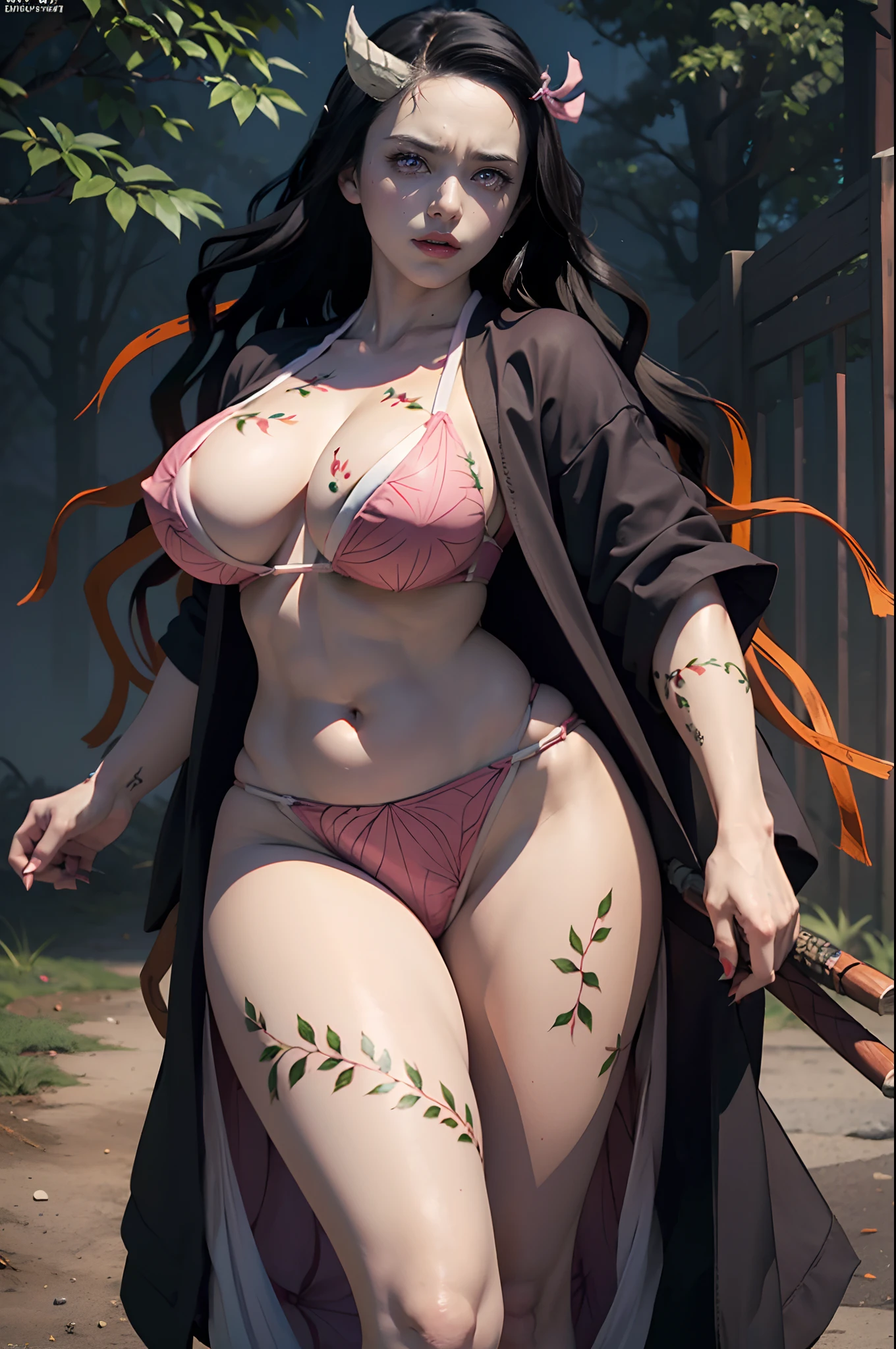 (ultra realistic photo of Nezuko kamado goddess of beauty, bright pink eyes, angry angry expression, she has a horn, 8k, UHD, hottie with ultra giant breasts, huge long breasts sticking out of her kimono, erotic, with long black hair and orange tips, sexy pink japanese kimono, she doesn't wear panties showing her tattooed pussy, pubic hair showing), Nezuko with a piece of bamboo stuck up her ass, (Nezuko, Nezuko-chan, Demon Slayer art style, kimetsu on yaiba), Hentai female anime character, (Nezuko, in her demon form, Huge breasts, giant long breasts sticking out of her clothes, her breasts stick out of her kimono, showing beautiful pointy breasts), (length of ultra giant breasts goes down to her toned stomach, she has leaf tattoos running down her sexy erotic body), Demon Slayer rui fanart, wielding kunai, Marin Kitagawa Fanart, clean and detailed anime art, a very beautiful berserker woman, by Kamagurka, professional art, perfect detailed, (Nezuko kamado in her demonic form showing her giant and hairy pussy, based on the demon slayer kimetsu no yaiba), nudes, nude porn