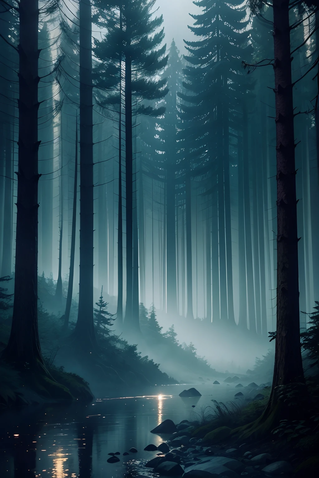 a dense and dark forest, with tall trees, a river beside it, fog, fireflies, the night