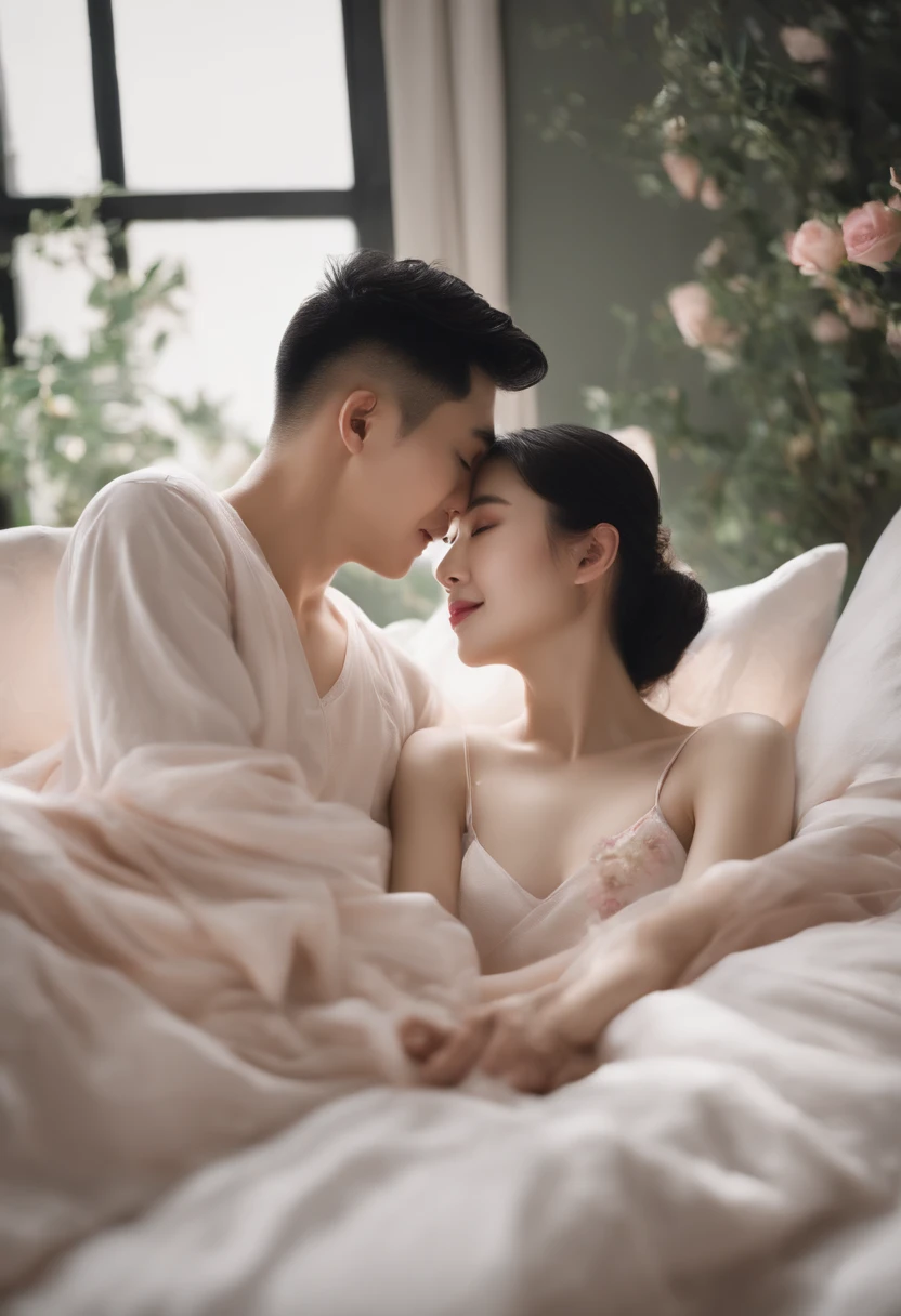 Please create an image of a Chinese couple in love lying in bed. Images should be in photorealistic format,And use a palette of pastel and neutral pastel colors. Make sure the image is on the right,And the couple's body, including legs, Arms, and head, Fully Visible,No blemishes or cuts."