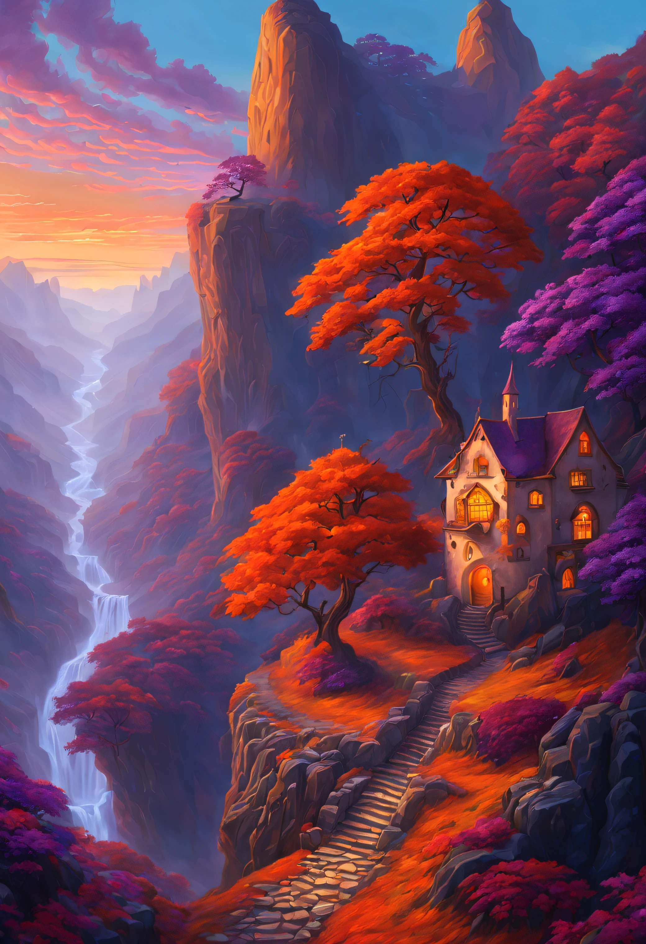 A fantasy autumn land with a deep canyon in the middle, where the sun sets in a blaze of orange and purple, fairy tale, magical, mystic, surreal, (by Thomas Kinkade & J.R.R. Tolkien & Rob Gonsalves), digital painting style, warm and enchanting, featured on DeviantArt, outdoor scene, imaginative details, high resolution