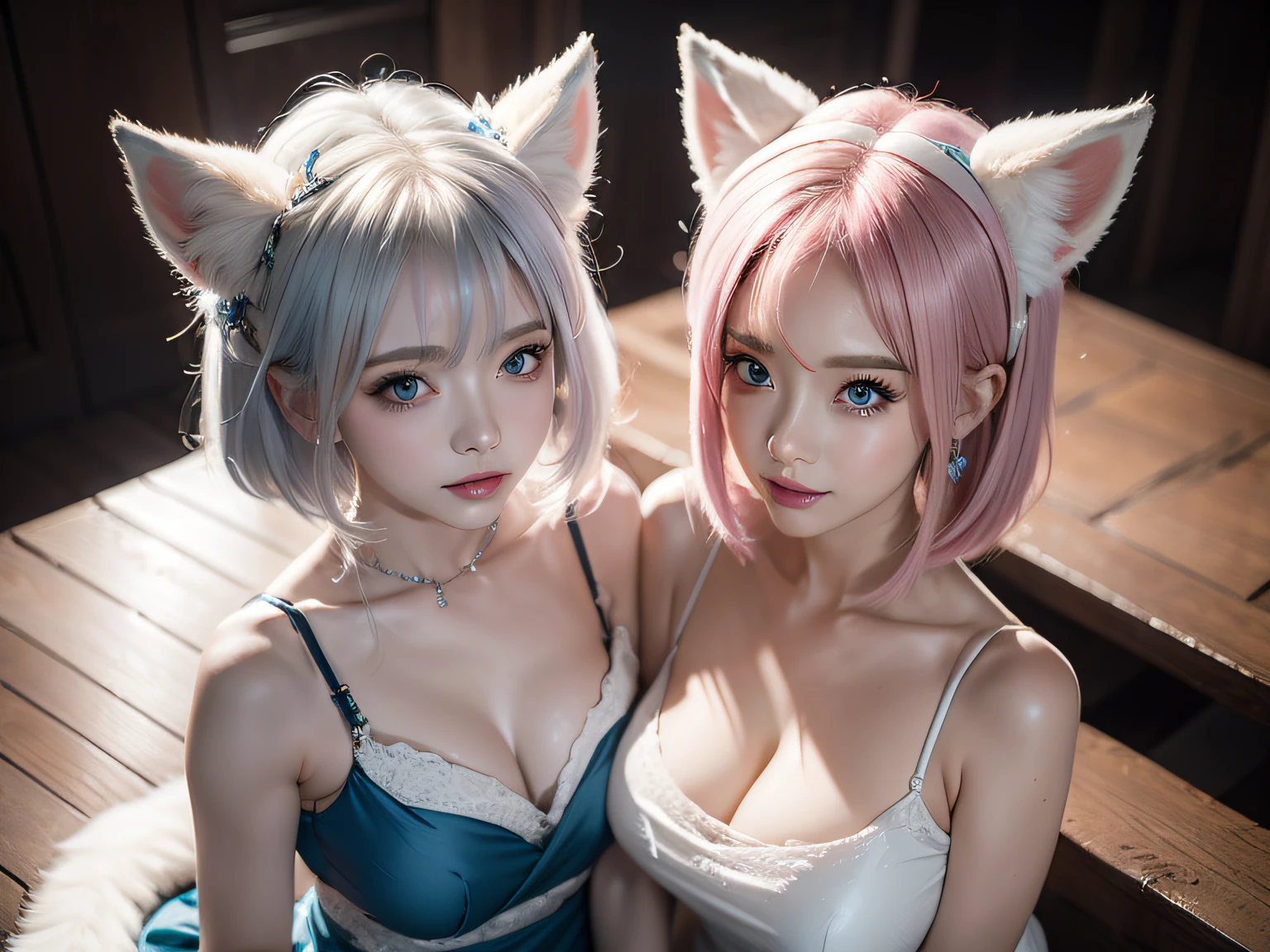 Two Miss Fox Demons，T-shirt wraps around your neck，High collar、High collar、High collar、High collar、High collar、High collar、Fox Devil Fox Years White Hair Girl，You can overlook the night view of Chang'an，Sexy and feminine，sit pose，Fluffy fox ears，fox tails，No ears，reddish tones，Gorgeous fireworks background，Pink floral maxi dress，The beauty of fox ears alone，Cover chest，Clan girls，Fox's eye，Enchanted，Charming， K， best qualtiy， tmasterpiece，  Raised sexy， Highly detailed face and eyes， professional make up， ，， glow blue eyes，Blue-haired girl with fox ears、Camera angle from above、Looking here、