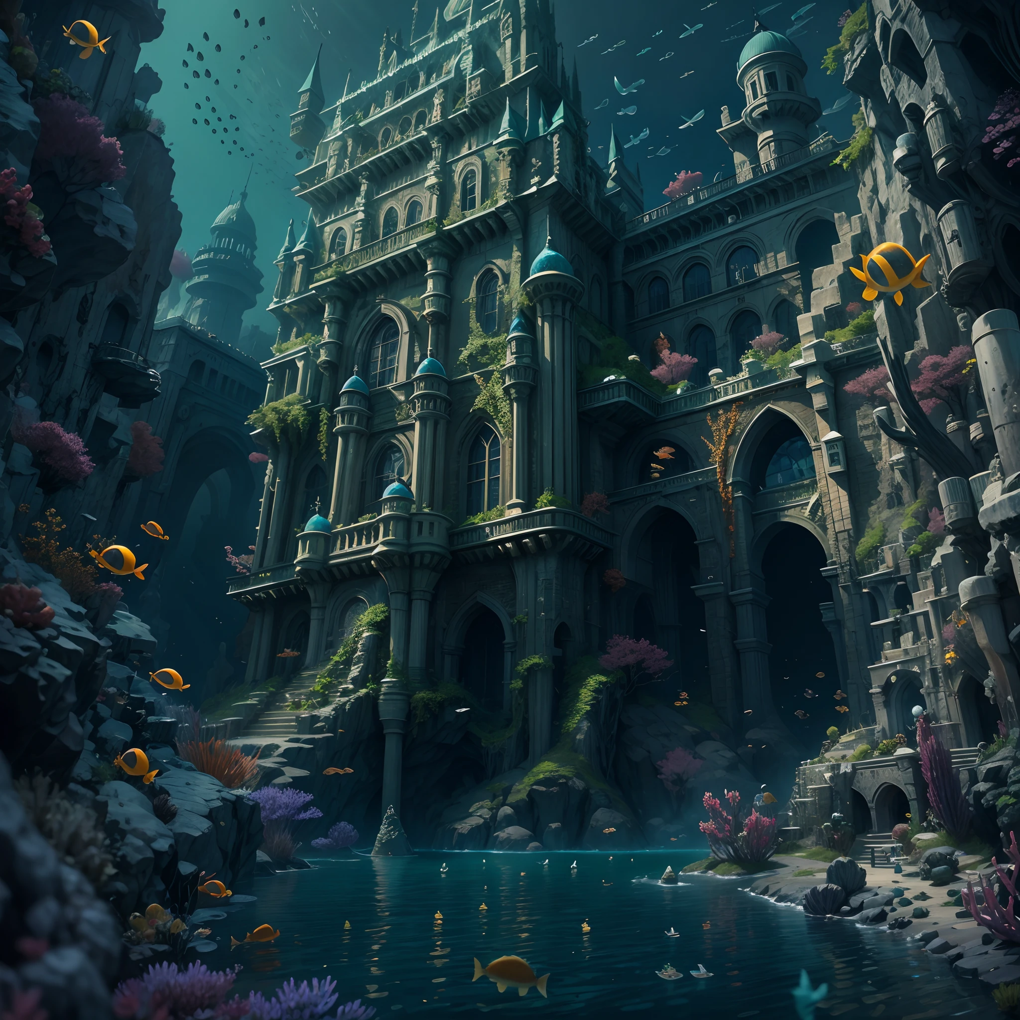(。.3D:0.5,Realistic:0.5,Photorealistic:0.5),(absurderes,Hyper-Resolution,Masterpiece,Best quality,finely detailed,absurderes:1.2), abyssal,Undersea castle,Epic reality,