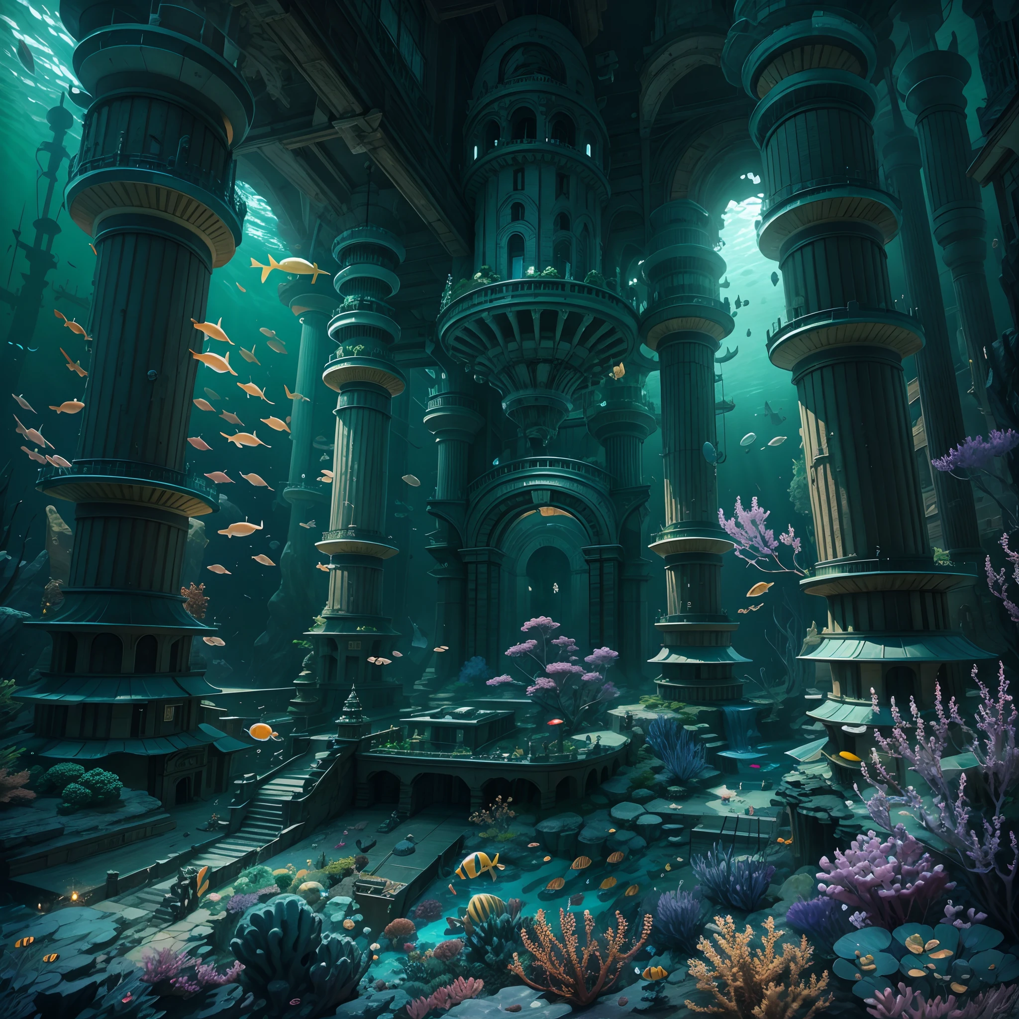 (。.3D:0.5,Realistic:0.5,Photorealistic:0.5),(absurderes,Hyper-Resolution,Masterpiece,Best quality,finely detailed,absurderes:1.2), abyssal,Undersea castle,Epic reality,