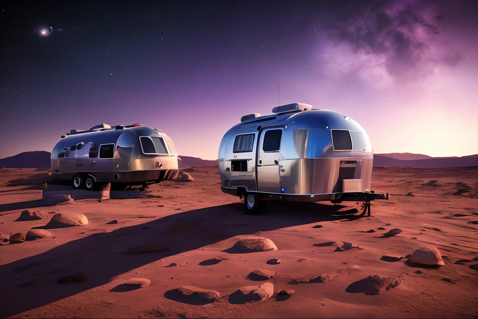 a purple astronaut standing , RV, vintage airstream trailer on mars surface, small space suitcases lie on the ground, nebulae, stary background, very small planet earth on sky, (best shadow)