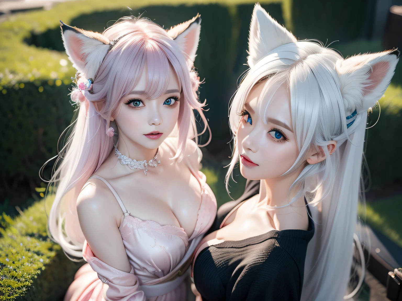 full body,Two Miss Fox Demons，Fox Devil Fox Years White Hair Girl，Sexy and feminine，Fluffy fox ears，fox tails，No ears，reddish tones，The beauty of fox ears alone，Cover chest，Clan girls，Fox's eye，Enchanted，Charming，16 K， best qualtiy， tmasterpiece，  Raised sexy， Highly detailed face and eyes， professional make up， ，， glow blue eyes，Pink-haired girl with fox ears、Camera angle from above、Looking here、