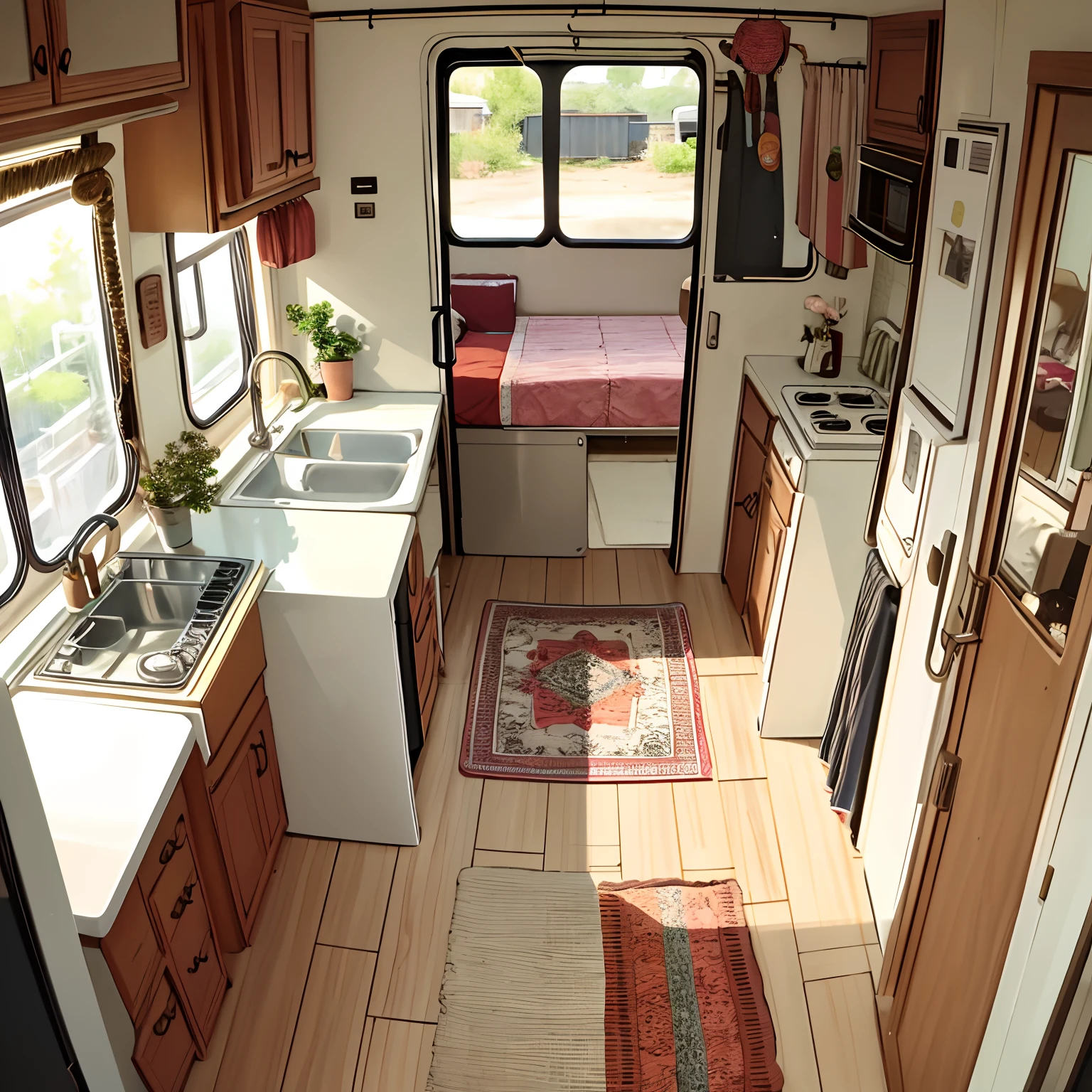 RV,has kitchen , bathroom, living room , bedroom , Cute drawing style, Have with the bed,food,barbecue,animals,plants