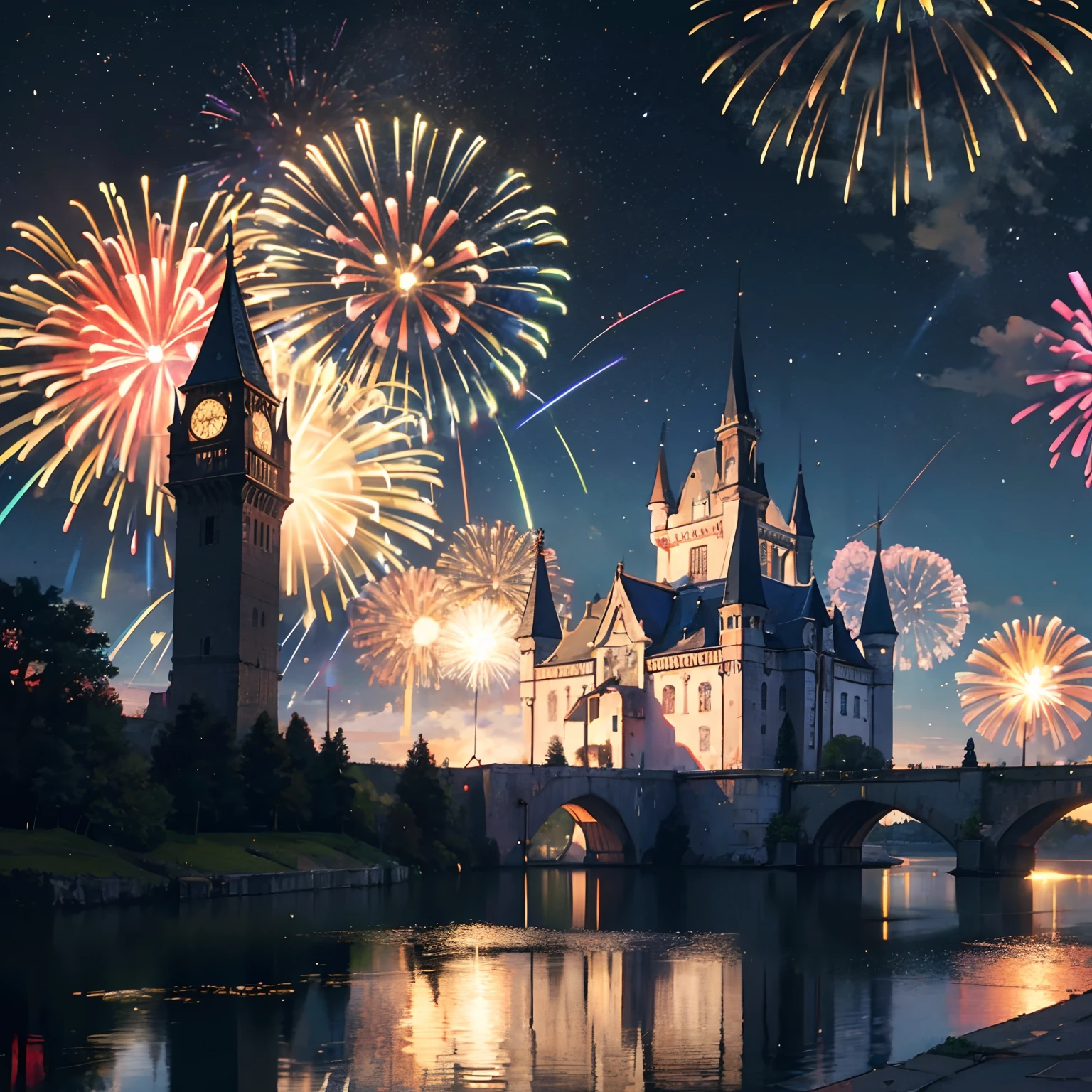 ,Masterpiece, Best quality,8K, 超高分辨率,Late night falls,The sky gradually engulfed in darkness,The sneaky stars began to twinkle。An old castle stands on the rock,Its edges are surrounded by starry fireworks。
The exterior of the castle looks mysterious and majestic against the backdrop of night,It was shrouded in a faint mist,It gives a dreamy feeling。The castle's minaret is dotted with ornate fireworks,Bloom in all colors。The light and shadow of fireworks weave into brilliant patterns in the night sky,Create fantastic scenes。
Stand on the square in front of the castle,A young couple holding hands,Stroll along the cobbled walkways。The castle behind them emitted a faint glow,Illuminate the silhouette of the two。The girl's long hair fluttered in the wind,She wore a gorgeous long dress,It looks particularly elegant against the backdrop of fireworks。And the boy's smile,More tenderness and love。
The square is surrounded by fairytale landscapes,Enchanting music floating。Elves flutter among the trees,They wear colorful feathers,Fireworks in hand,Throw them into the sky。Each firework blooms into a tiny star in the air,Shine in the night。
The lake not far away shimmered faintly in the dark,Like a gem set on earth。There are fishing boats floating on the lake,The men on board raised their glasses,Bless this wonderful moment。They laughed,A romantic place to celebrate in the evening。
The whole scene is full of fantasy and fantasy elements,Brilliant fireworks、The tranquility of the lake、The mystery of the castle,Everything constitutes an aesthetic mood,It was as if entering a mythical world。