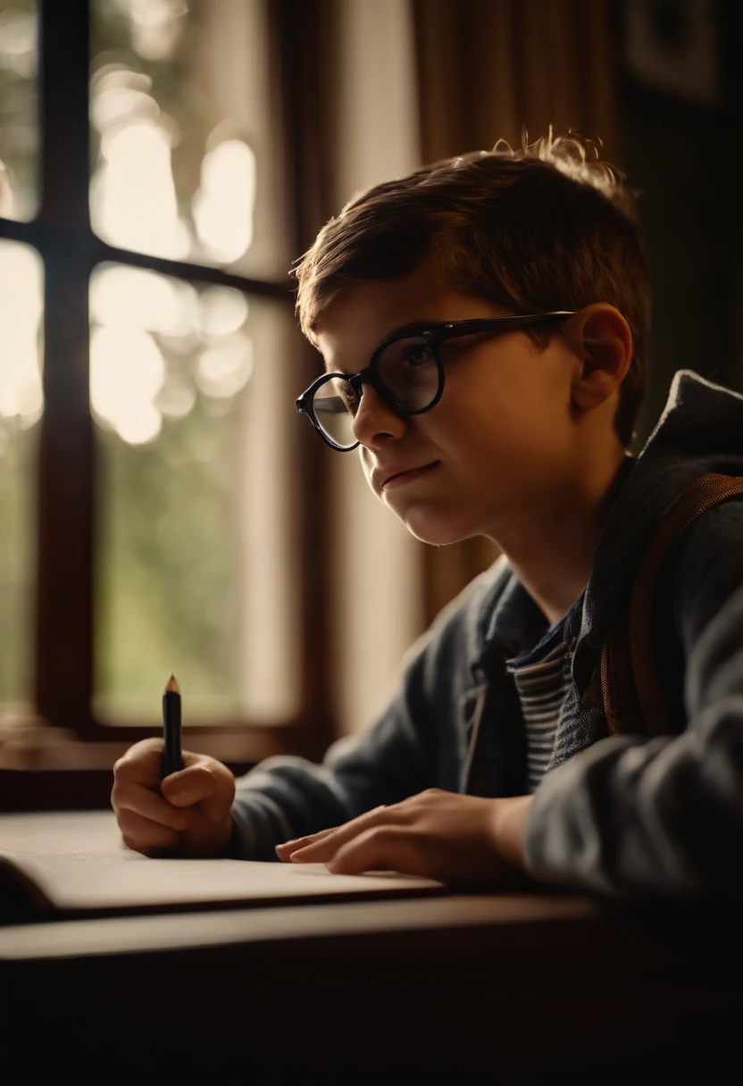 Boy, , wearing glasses, adorable, short, wearing backpack, studying inside a mansion