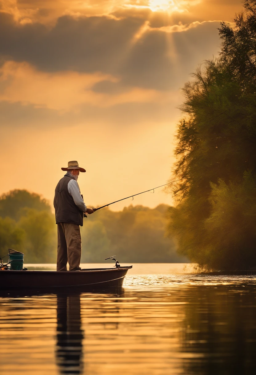 An old man fishing on a tranquil lake, surrounded by lush greenery, (Best quality, A high resolution:1.2),(Realistic,Photorealistic:1.37). The sun casts a warm golden glow on the calm water, (Vivid colors)(Bokeh). The man, Wear weathered hats and fishing vests, Be patient and wait for a bite. rod, With a smooth wooden handle and a sturdy fishing line, (Ultra-detailed). Reflection of man and his fishing gear on the glassy lake, Create a sense of tranquility and harmony with nature.