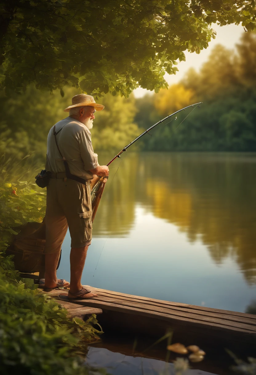 An old man fishing on a tranquil lake, surrounded by lush greenery, (Best quality, A high resolution:1.2),(Realistic,Photorealistic:1.37). The sun casts a warm golden glow on the calm water, (Vivid colors)(Bokeh). The man, Wear weathered hats and fishing vests, Be patient and wait for a bite. rod, With a smooth wooden handle and a sturdy fishing line, (Ultra-detailed). Reflection of man and his fishing gear on the glassy lake, Create a sense of tranquility and harmony with nature.