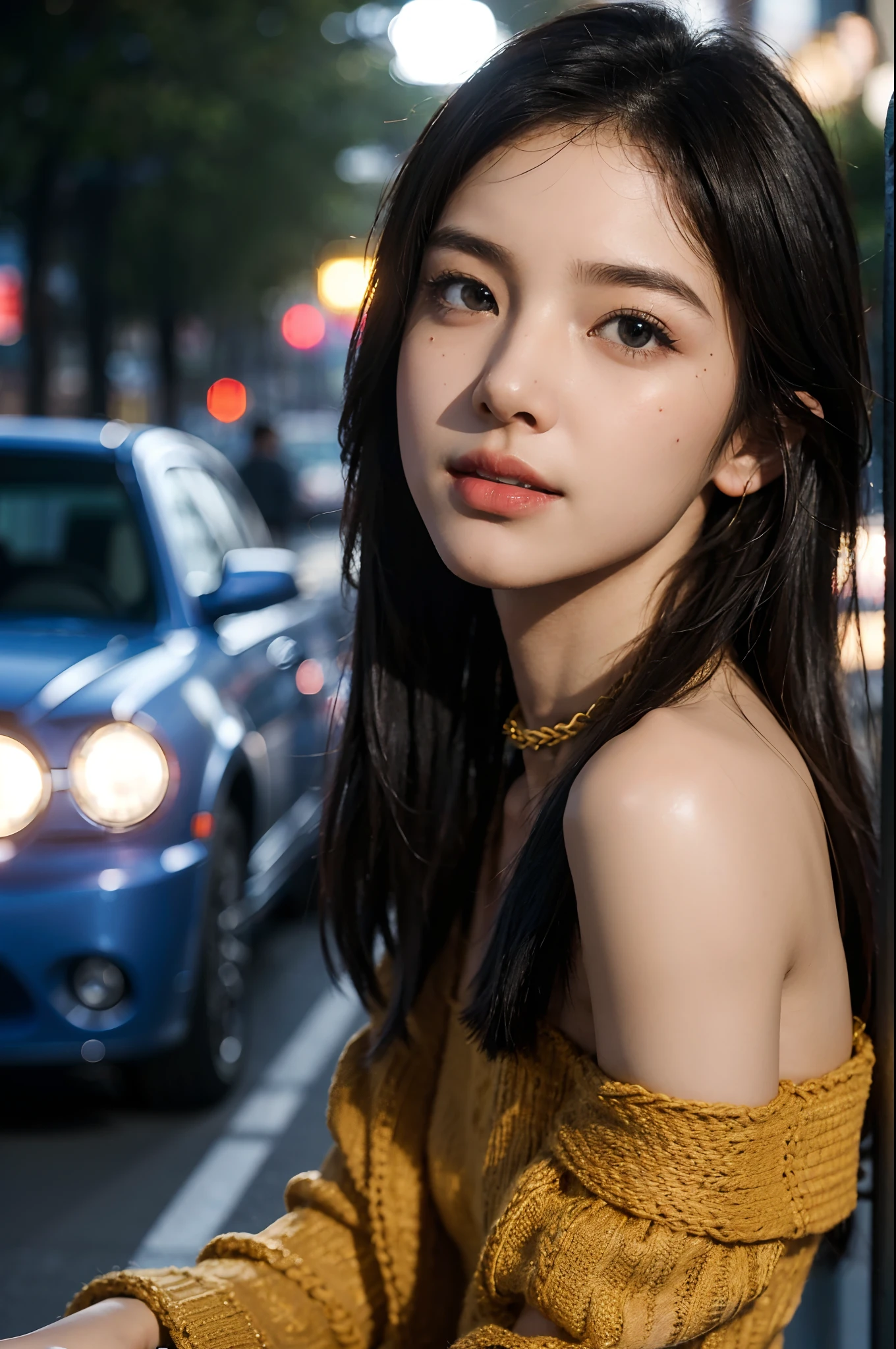 (Official art、Best Quality、Unity 8k Wallpapers、32K、masterpiece、ultra-detailliert、超A high resolution、realisitic、Photorealsitic:1.2)、(Cinematic lighting:1.2)、Fireglow effect、film grains、Best Shadows、Rim lighting、side lights、sideshot、(Ultra-detailed and complex 3D rendering)、Detailed beautiful face and eyes、A slender、Medium bust、(Full body:1.2)、 Highly detailed background、beauitful face、blurry backround、-yeld beiful girl、(super detailed skin、detailed skin textures:1.3)、chestnut bristles、Brown-eyed、Hip Hop Cable、off shoulders、jumper skirt、(thighs thighs thighs thighs:0.8)、Knitted sandals、City at night、Open your mouth and smile gently、a choker、dynamicposes、(Classic car on woman background、Woman illuminated by headlights:1.2)