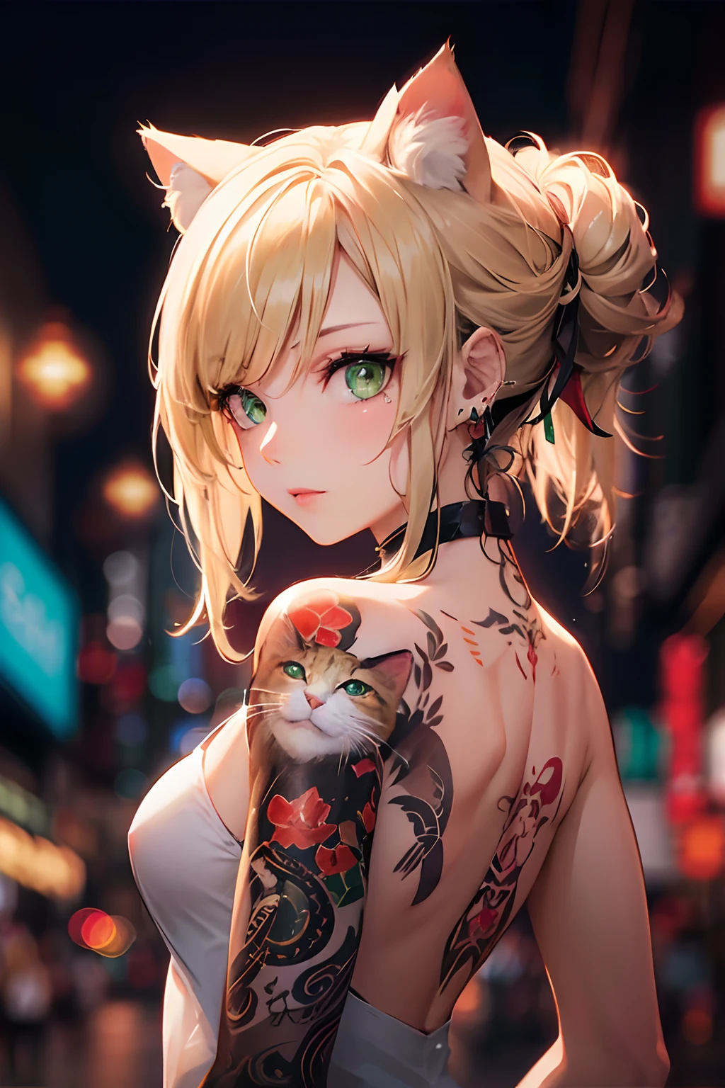 Green eyes、Cat tattoo、hight resolution、in 8K 、Super delicate