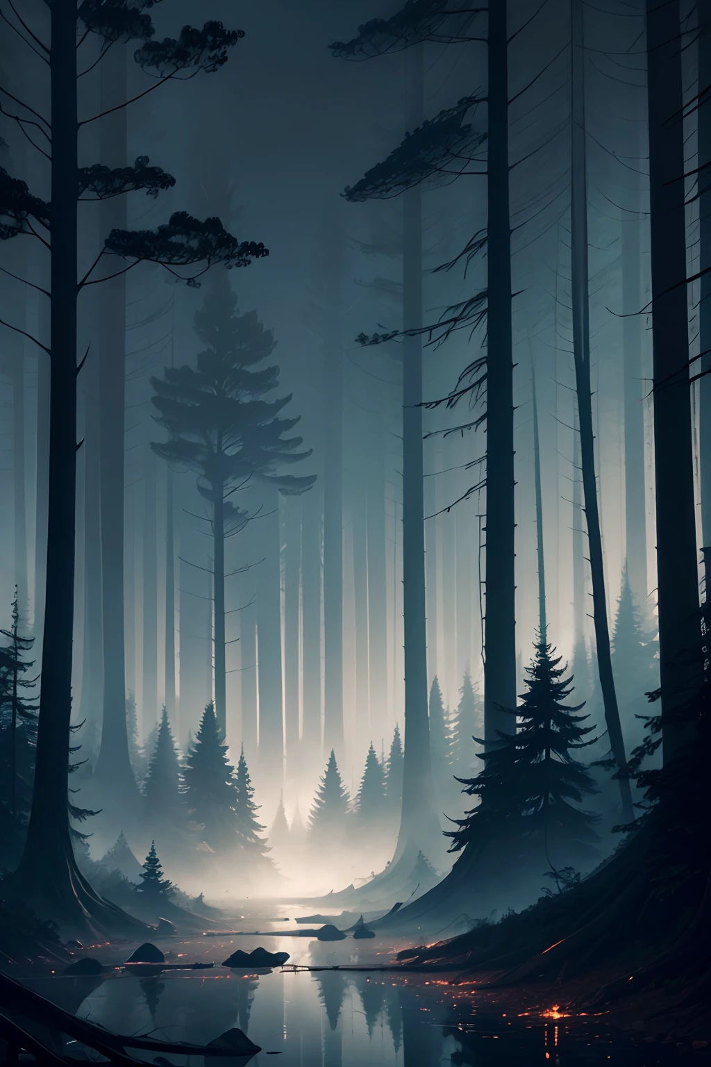 a dense and dark forest, with tall trees, a river beside it, fog, fireflies, the night, some fallen trees