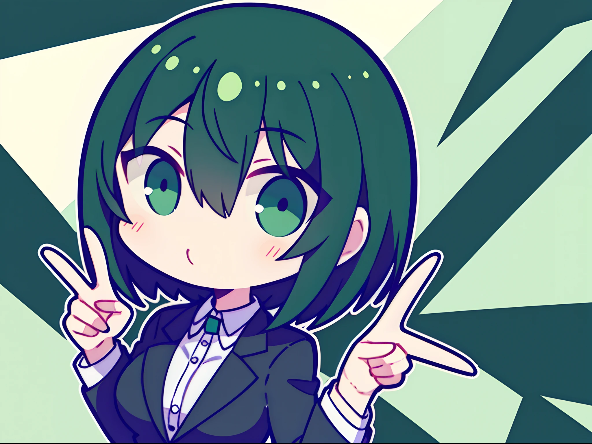 Short green and black hair、Girl in suit happily makes peace signs with her hands