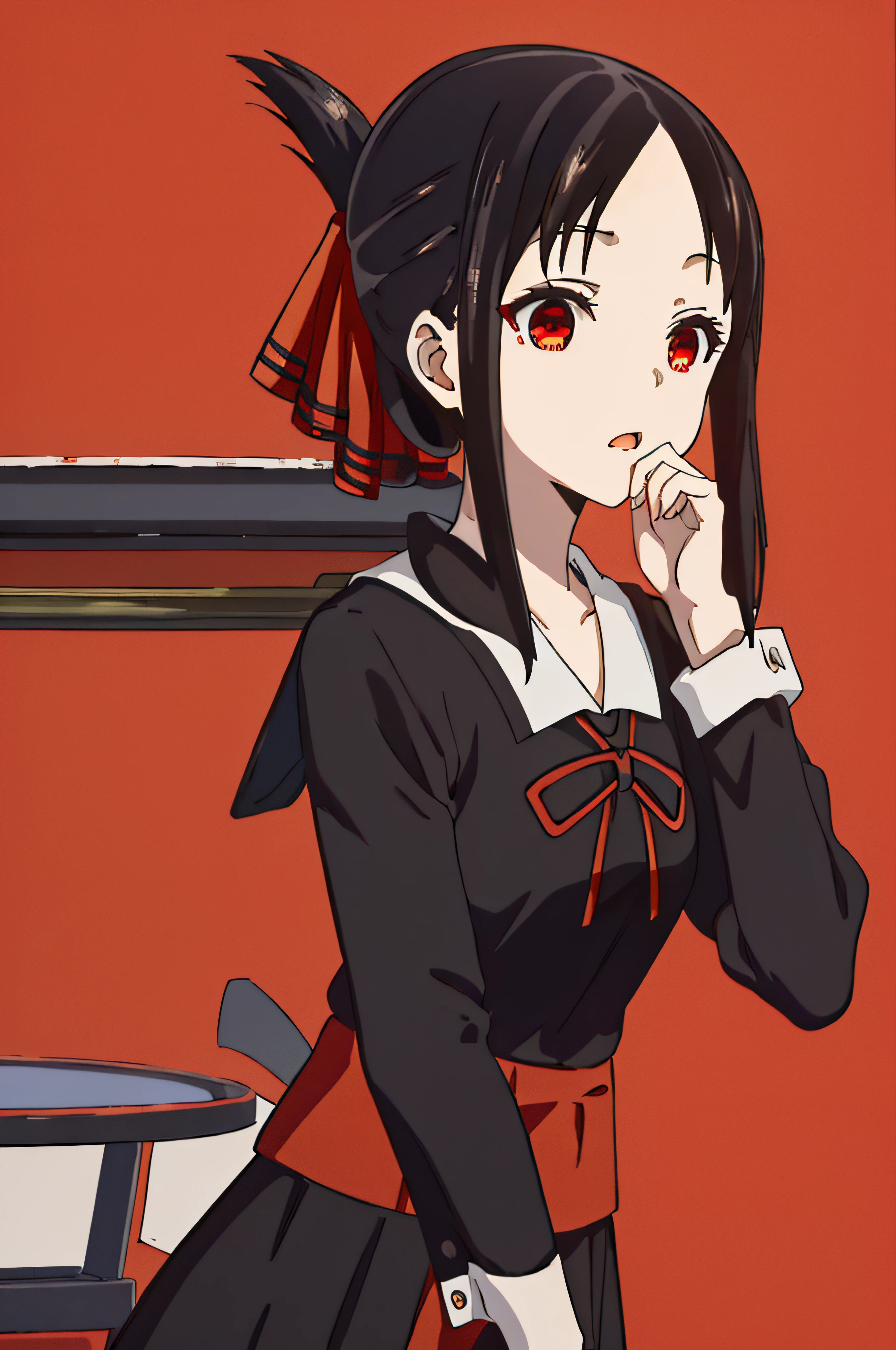 (best quality, masterpiece, highres),1girl,solo,shinomiya kaguya,red eyes,black hair,hair ribbon,summer uniform,straight-on,upper body,hand to own mouth,okawaii koto,red background