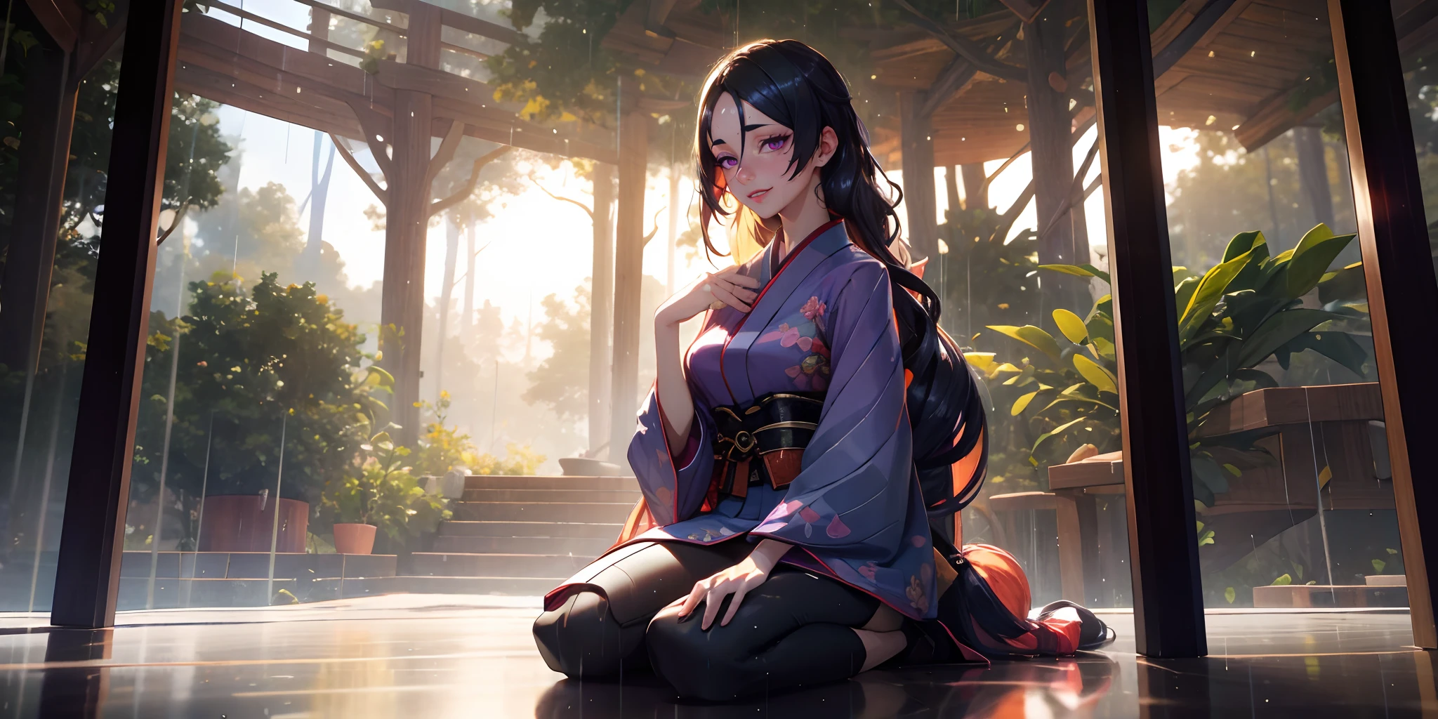 (dark-puprle hair, long hair:1.6), purple eyes, 1girl, rain, japanese_clothes, sitting, solo, kimono, looking_at_viewer, forest, nature,  indoors, long_sleeves, hair_between_eyes, wide_sleeves, outdoors, tree, epic art, dramatic art, glow effects, godrays, Hand drawn, render, 8k, octane render, cinema 4d, blender, dark, atmospheric 4k ultra detailed, cinematic, Sharp focus, big depth of field, Masterpiece, colors, 3d octane render, 4k, concept art, trending on artstation, hyperrealistic, Vivid colors, extremely detailed CG unity 8k wallpaper, trending on CGSociety, Intricate, High Detail, dramatic,