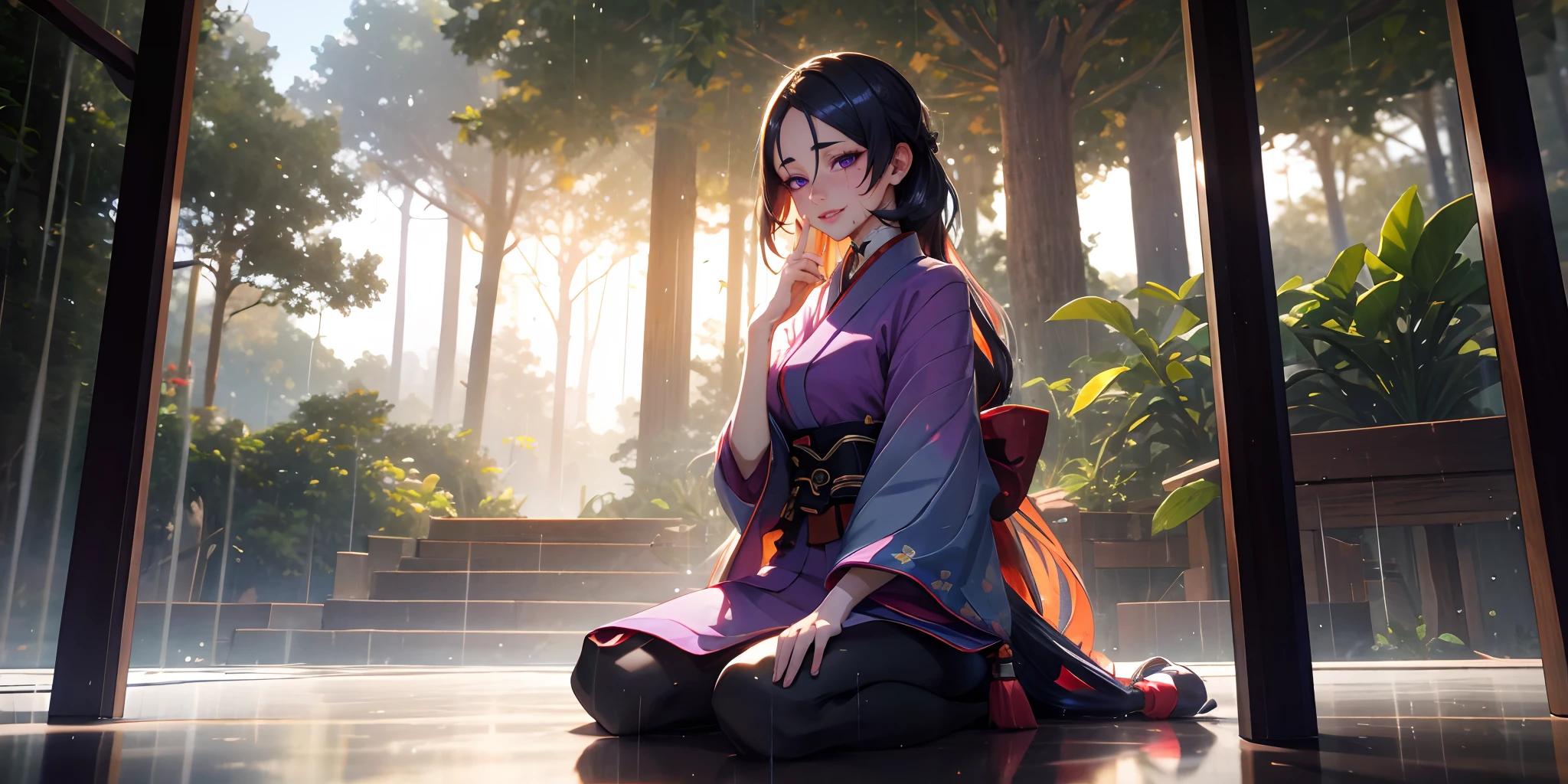 (dark-puprle hair, long hair:1.6), purple eyes, 1girl, rain, japanese_clothes, sitting, solo, kimono, looking_at_viewer, forest, nature, indoors, long_sleeves, hair_between_eyes, wide_sleeves, outdoors, tree, epic art, dramatic art, glow effects, godrays, Hand drawn, render, 8k, octane render, cinema 4d, blender, dark, atmospheric 4k ultra detailed, cinematic, Sharp focus, big depth of field, Masterpiece, colors, 3d octane render, 4k, concept art, trending on artstation, hyperrealistic, Vivid colors, extremely detailed CG unity 8k wallpaper, trending on CGSociety, Intricate, High Detail, dramatic,