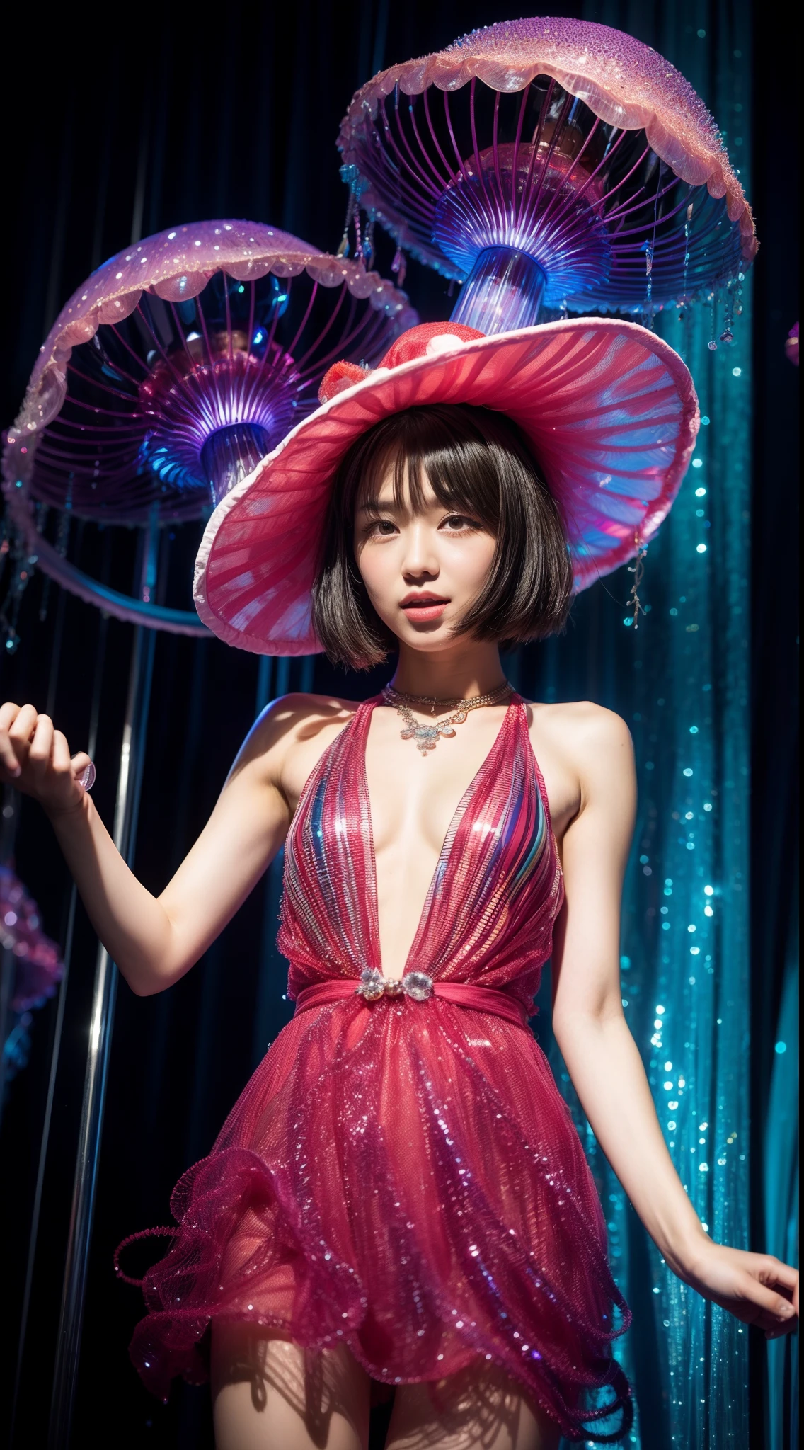 Jellyfish fashion, vibrant Jellyfish scene, Jellyfish style, nostalgic ambiance, energetic Jellyfish floor:0.2 image of a Jellyfish girl, immersed in the vibrant atmosphere of a fantasy case. His attire reflects the fashion trends of the era, soft patterns. The fantasy scene is alive, a fantasy floor, and Jellyfish around to the rhythm of the bate. The ambiance transports viewers back to the vibrant and energetic, capturing the spirit of fun, freedom, and self-expression that defined the Jellyfish culture, black short hair with bangs, midshot, centered image, ultra detail, extremely face detail, extremely eye detail, a girl pale skin, small breasts, Jellyfish outfit, asian girl, half girl