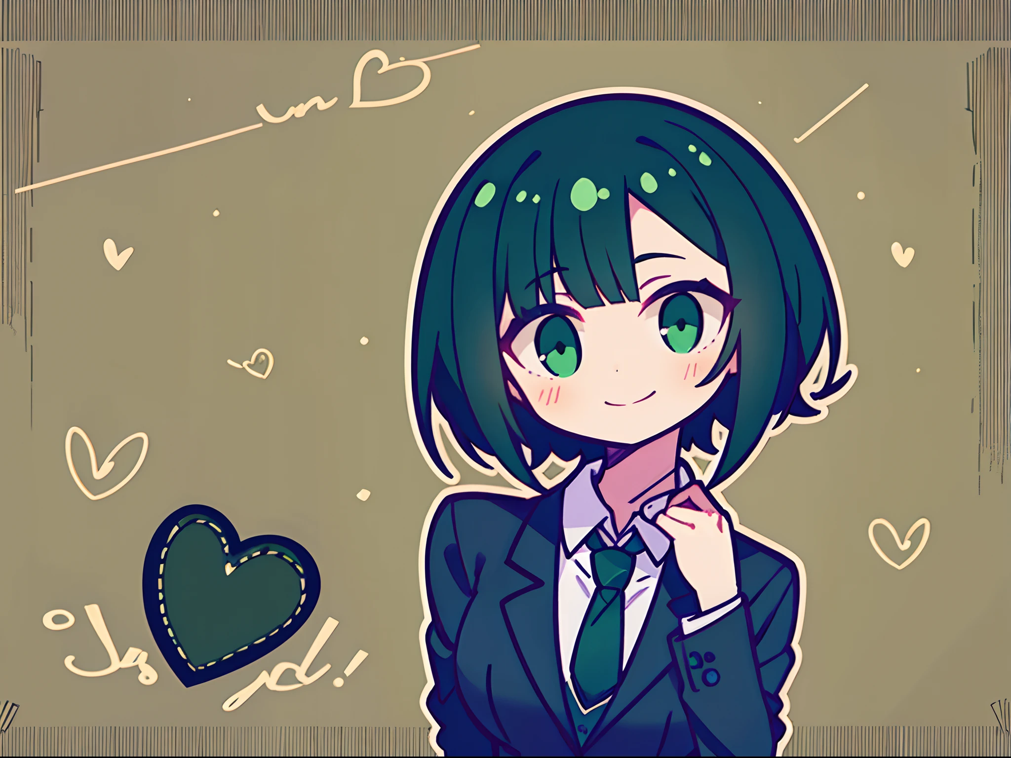 The girl with short green and black hair in a suit happily made her heart with her hands