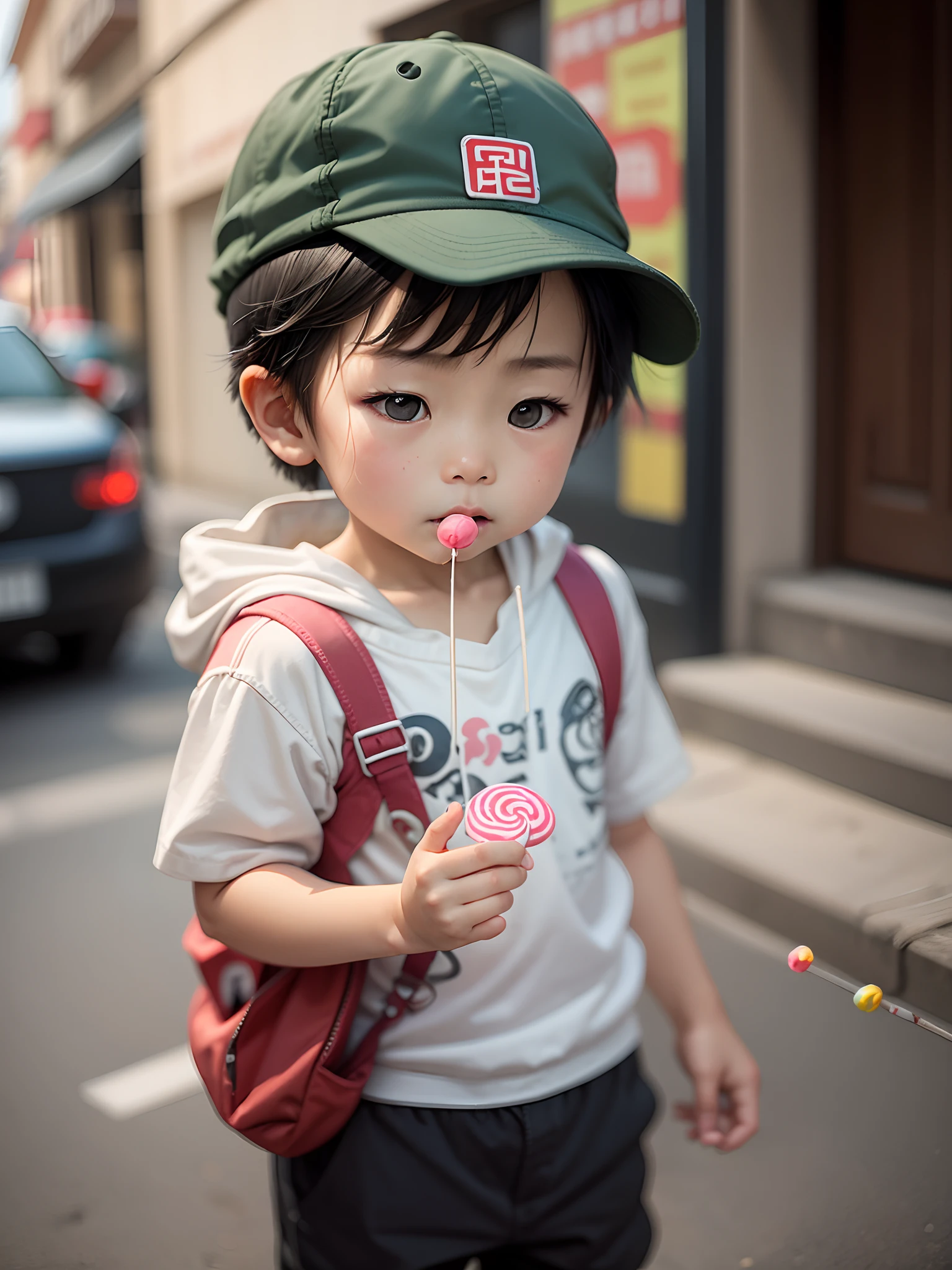 Three-year-old Chinese boy clutches a lollipop in his hand --auto --s2