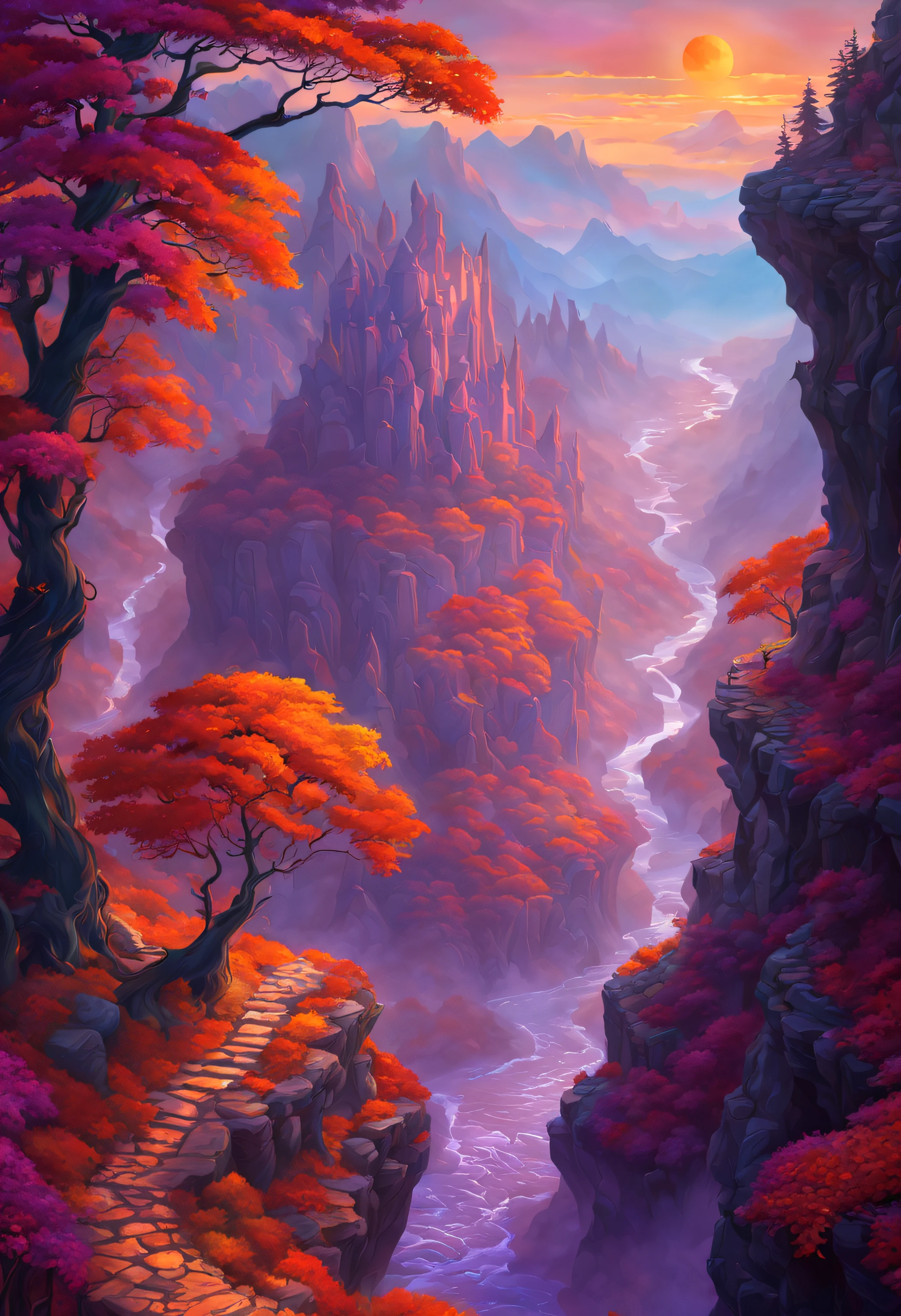 A fantasy autumn land with a deep canyon in the middle, where the sun sets in a blaze of orange and purple, fairy tale, magical, mystic, surreal, (by Thomas Kinkade & J.R.R. Tolkien & Rob Gonsalves), digital painting style, warm and enchanting, featured on DeviantArt, outdoor scene, imaginative details, high resolution